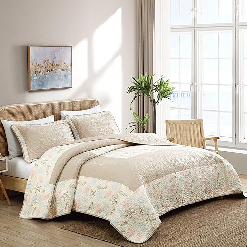 Miniatura 3 de Beatrice Home Fashions Colcha bordada costera de concha fina, ligera, para todas las estaciones, matrimonial, color crema