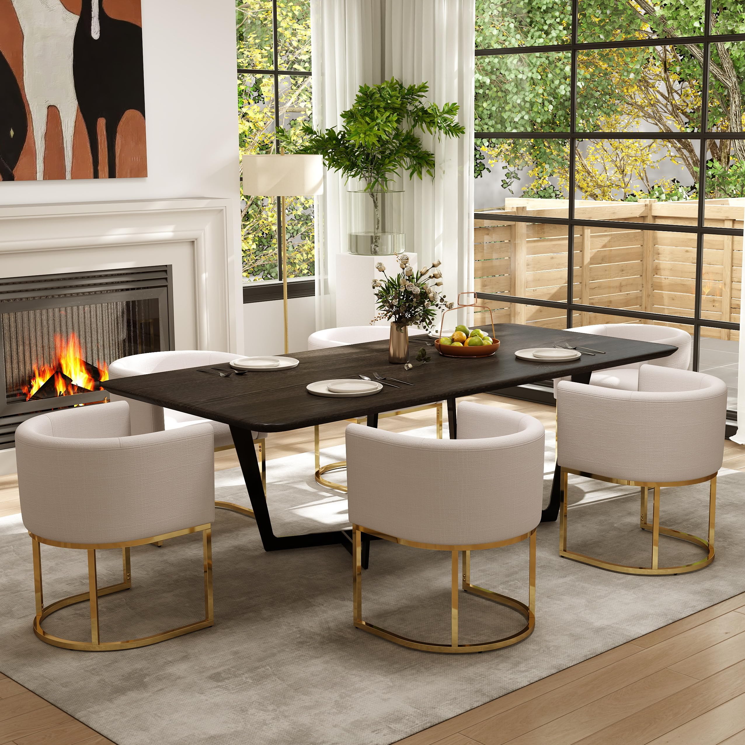 RIVOVA Cream Dining Chairs Set of 6 Mid Century Modern Dining Chairs with Golden Metal Legs, Linen Upholstered Accent Arm Chairs for Dining Room, Kitchen, Vanity, Living Room