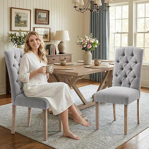 Miniatura 5 de Juego de sillas de comedor Parsons tapizadas copetudas, decoración de comedor de tela, elegante y moderna, para cocina, sala de estar con botones y