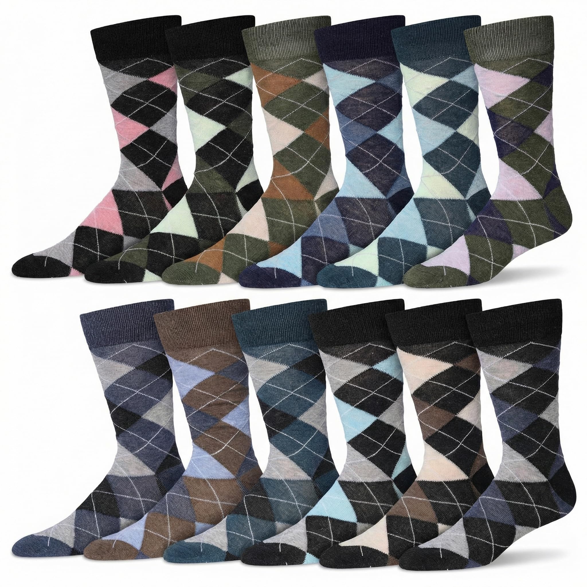 JAMES FIALLO Dress Socks for Men, Men's Casual Colorful Fun Novelty Fashion Patterned 12-Pairs Heathered Colored Mens Argyle Socks Patterned Colorful Dress Sock, M214-T1