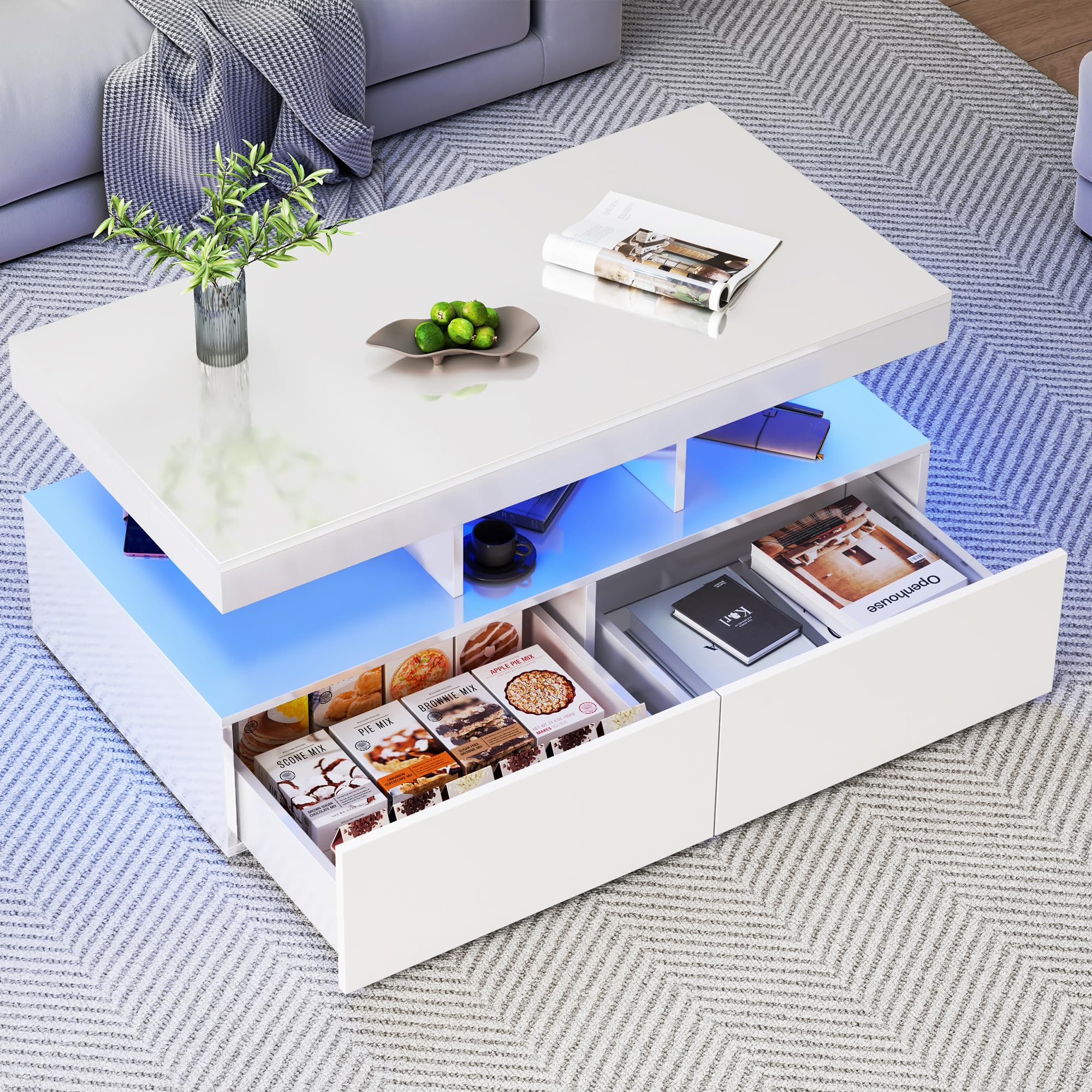 Rechteckiger Couchtisch, Wohnzimmertisch mit LED und 2 Schubladen, Moderner Wohnzimmertisch Weiß Couchtisch für Wohnzimmer (Weiß)