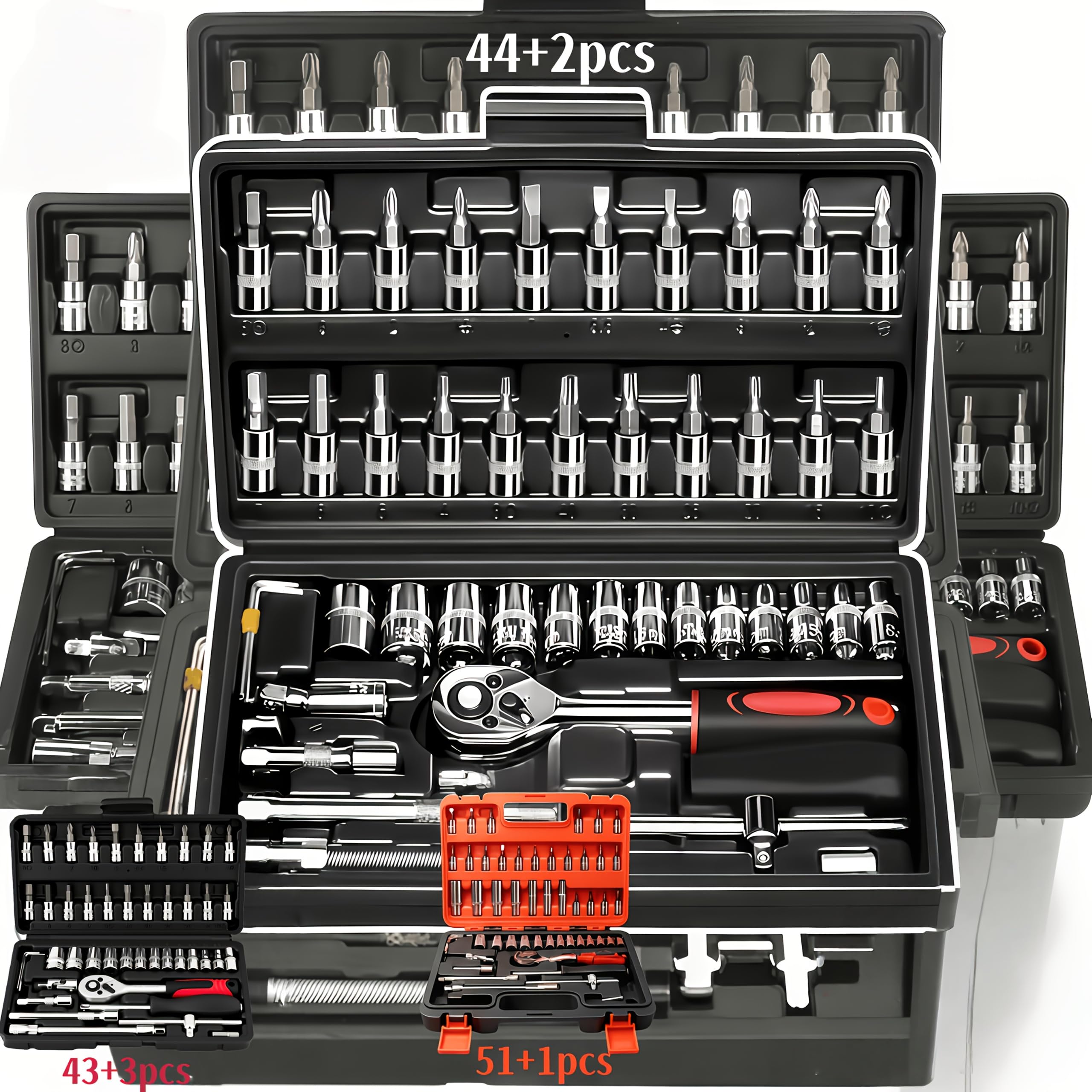 High-end Professional 43+3/44+2/51+1pc Of Tools, Car Repair Mechanical Set, Including 1/2 Inch 1/4 Inch 3/8 Inch Ratchet Socket Hex Wrench And Other Car Repair Accessories Tool Set.