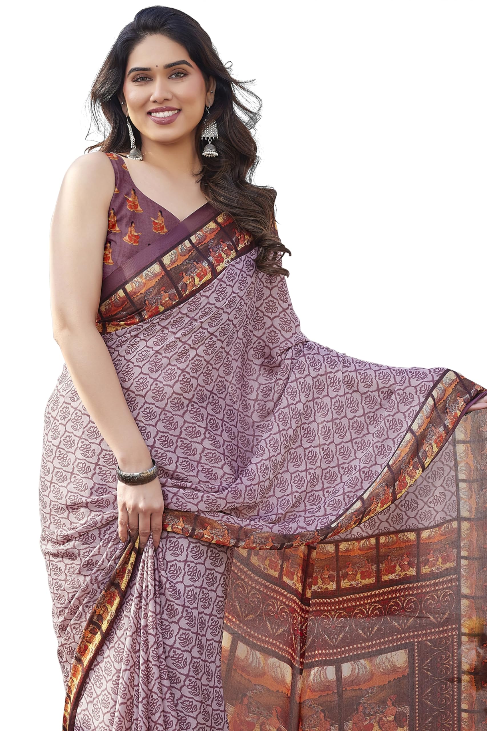 MIRCHI FASHION Women's Chiffon Ajrakh Border Pallu Pririnted Solid Saree with Blouse Piece