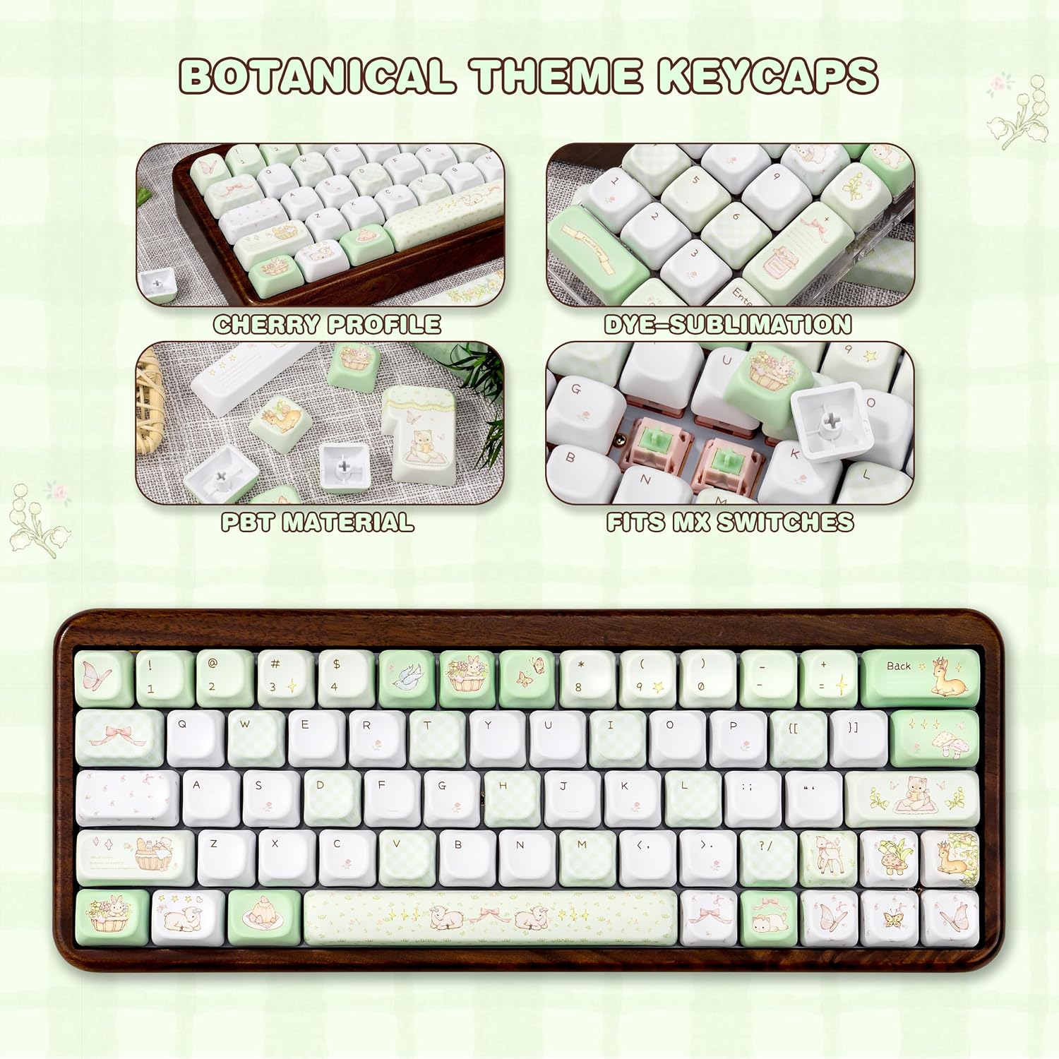 Cute Keycaps MDA Profile Custom PBT Green Animal Theme Keycap