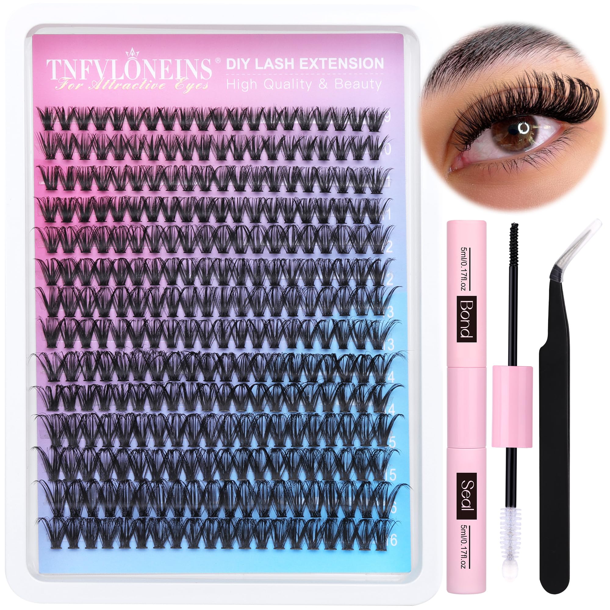 DIY Eyelash Extension Kit 280pcs Individual Lashes Cluster D Curl, 9-16mm Mix Lash Clusters with Lash Bond and Seal and Lash Applicator Tool by TNFVLONEINS(40D)