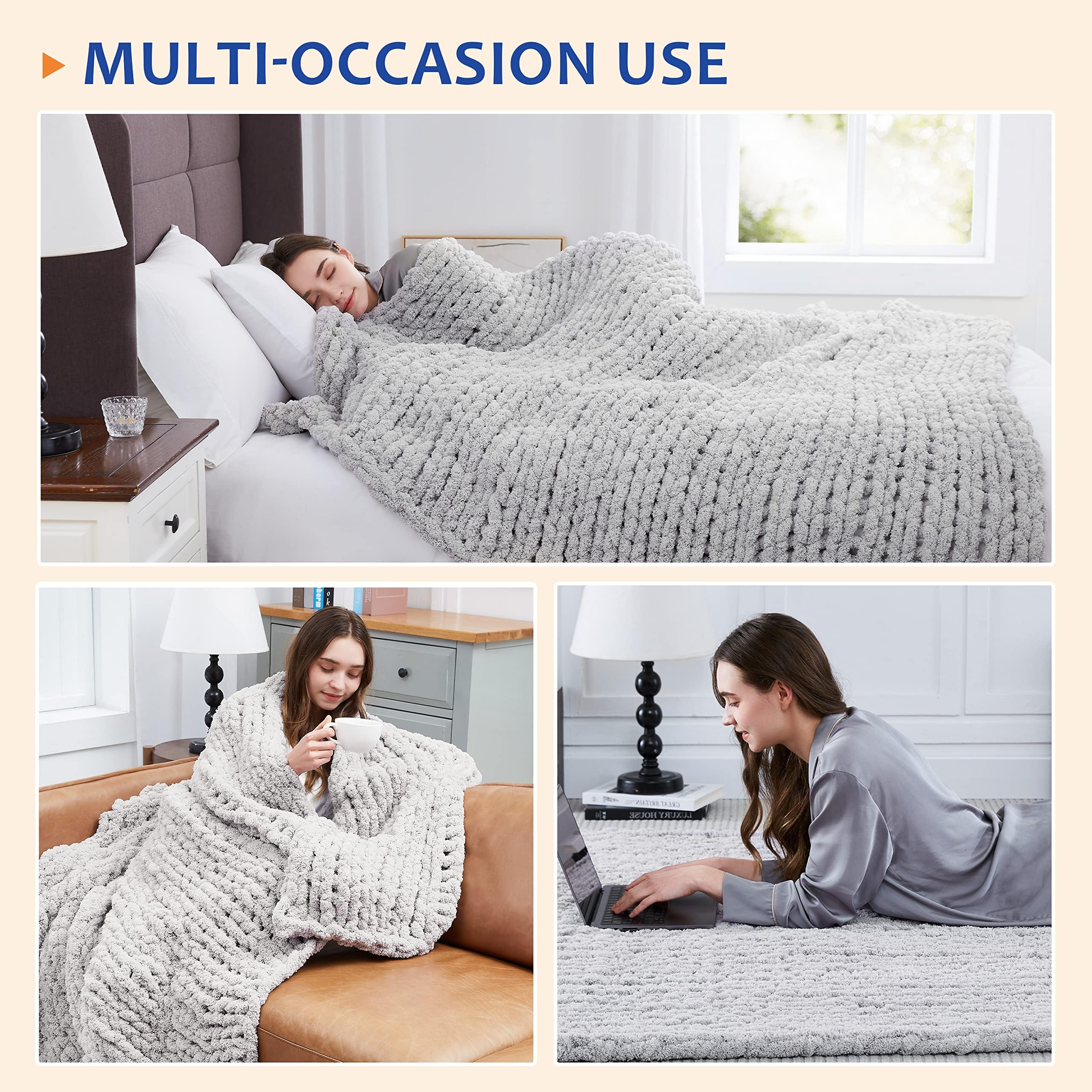 L'AGRATY Chunky-Strickdecke Grau (150x200 cm), Weiche Chenille-Garn Wurfdecke, Handgemachte Zopfstrick-Decke, Kuschelige Häkeldecke für Sofa, Bett & Wohnkultur