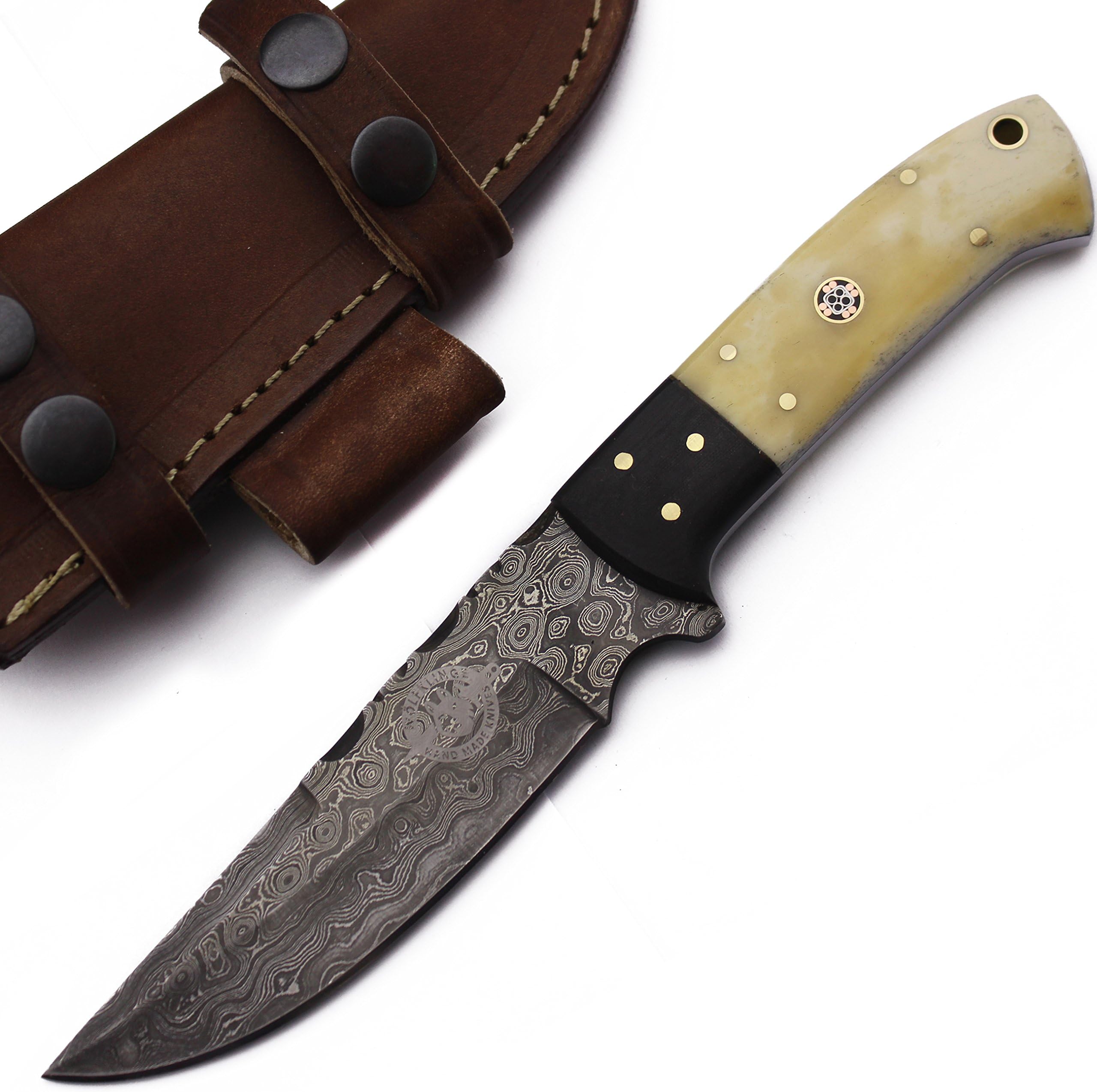 WolfKlinge DCX17-60 Handmade Damascus Steel Hunter, Camel Bone Handle, with Cowhide Leather Sheath ...