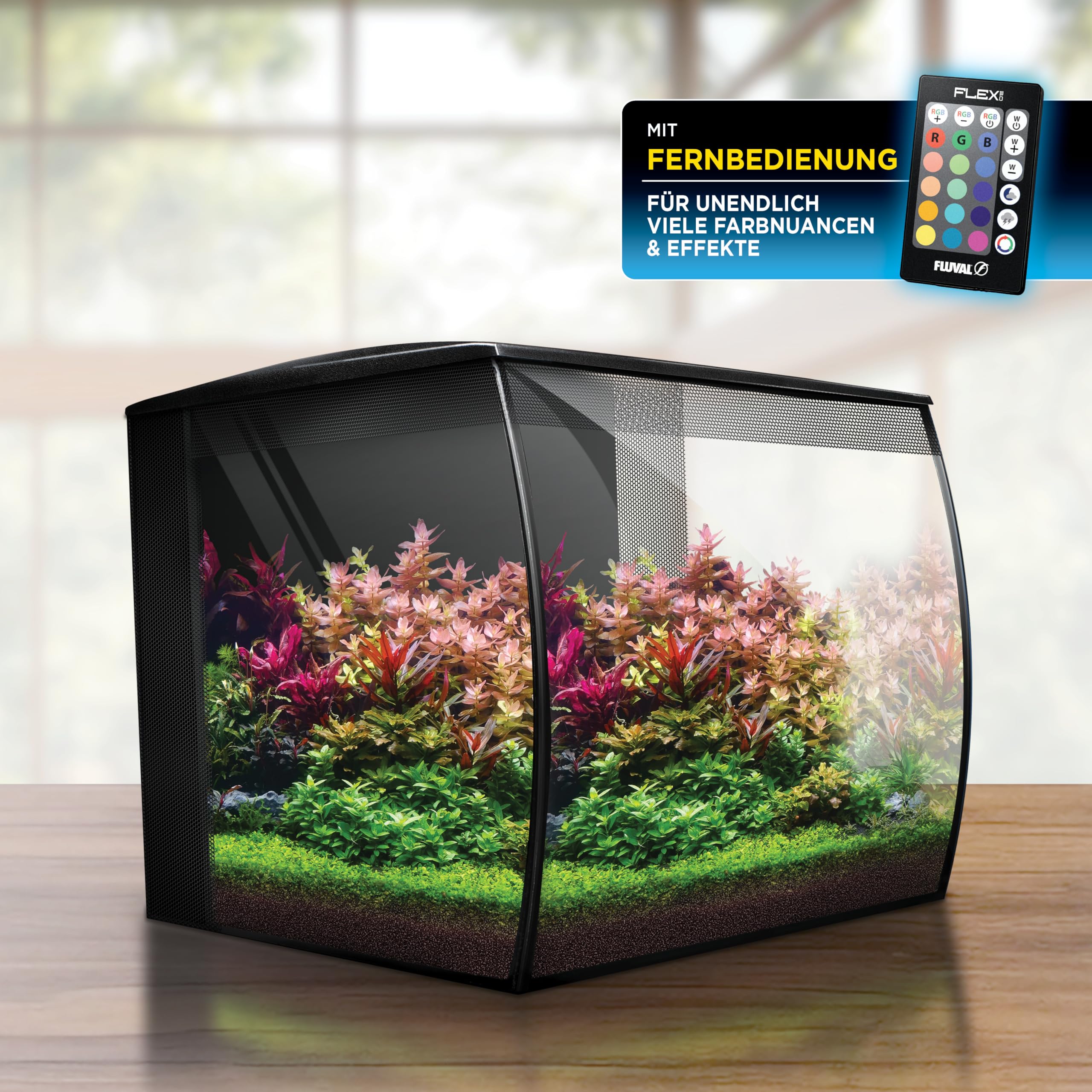 Fluval Flex 2.0 Aquarium Set 34 L, Nano Aquarium Komplettset mit geschwungener Frontscheibe, LED Beleuchtung mit Fernbedienung, integriertes 3-Stufen-Filtersystem, Fütterungsklappe und Düsenstrahlrohr
