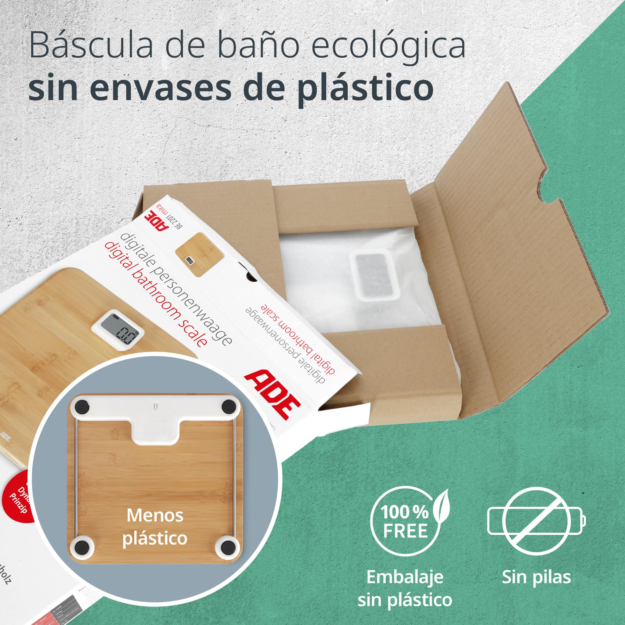 ADE Báscula corporal digital sin pilas | con dinamo respetuoso al medio ambiente | resultados de pesaje precisos en pasos de 100 g | superficie de pesaje de auténtica madera de bambú | hasta 150 kg