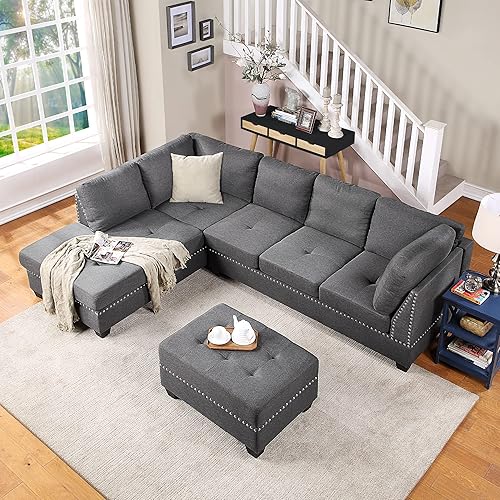 Merax 105” Sectional Sofas Sets 3-Seat Sofa Couch with Reversible Chaise Lounge, Storage Ottoman and 2 Cup Holders for Living Room Furniture (Grey)