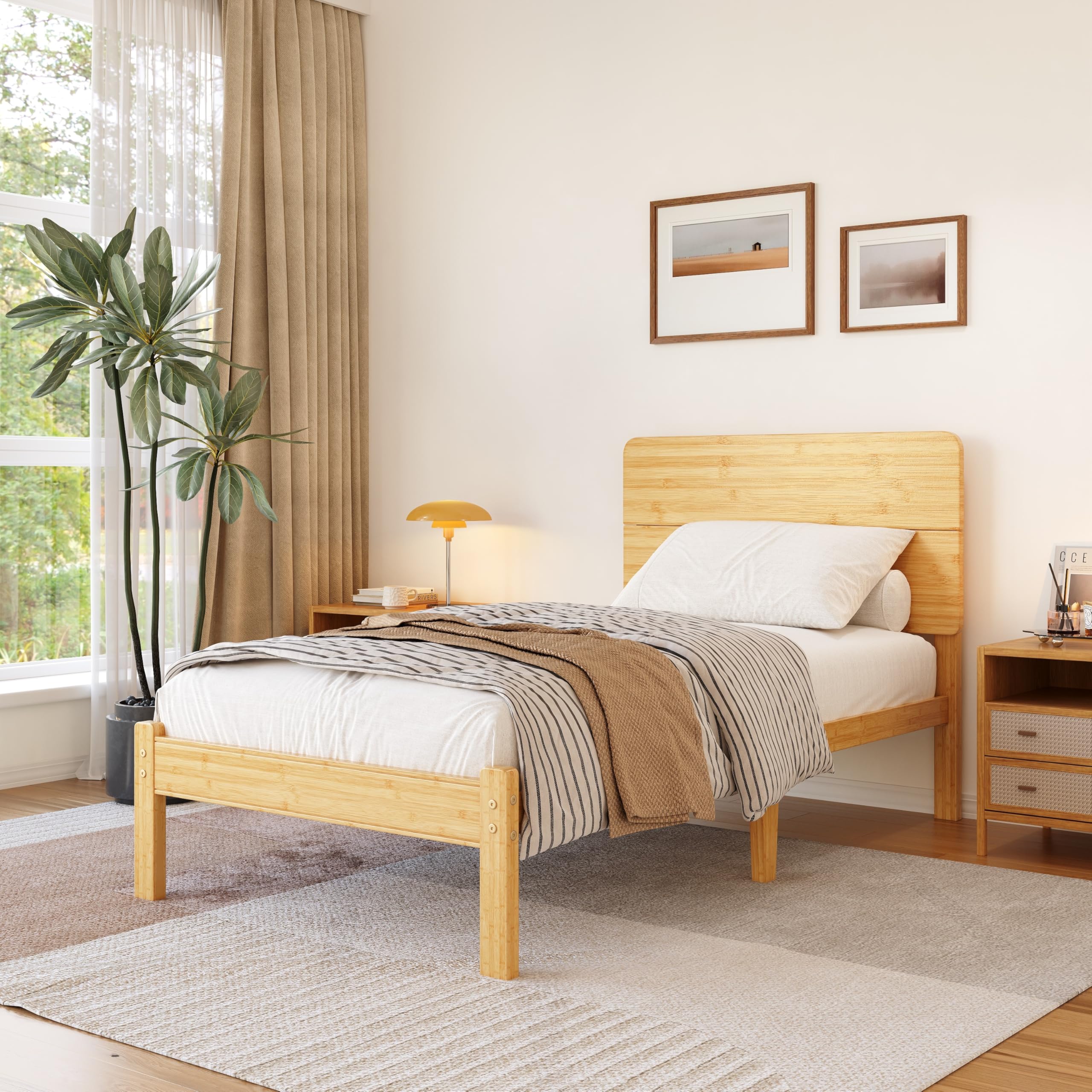 Hunlostten Wooden Single Bed Frame with Headboard - Bamboo Wood Platform Bed Frame with Metal Slats Support and Underbed Storage Bedroom Furniture, Easy Assembly, Noise Free, Sturdy, 35.5 cm High