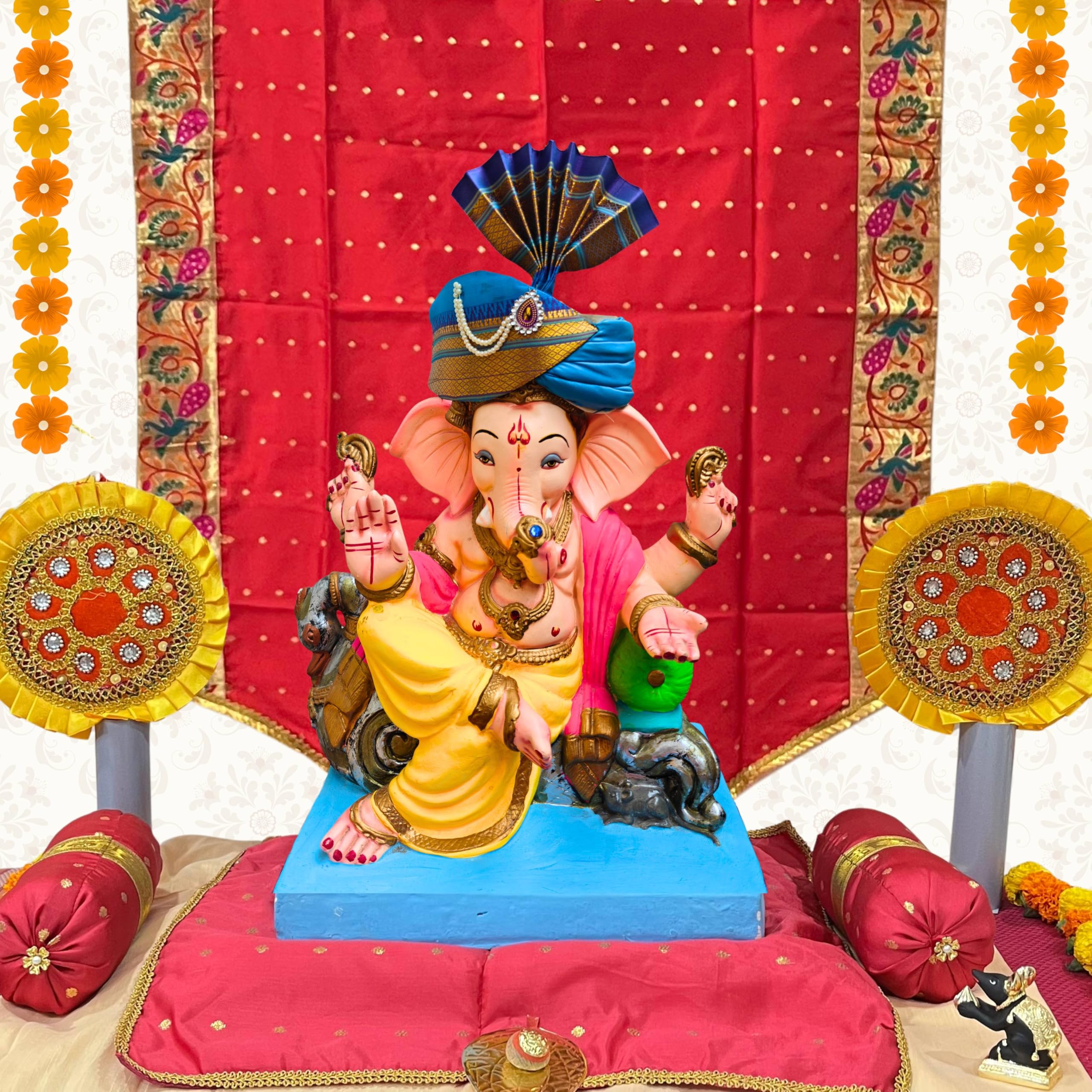 PUNYATVA Ganesh Feta Mukut (Turban, Silk, Blue) / Adjustable Ganesh Pheta, Gauri Ganpati Festival Decoration Accessories, Jewellery, Crown, Makhar, Traditional Pagdi, God Idol Headgear 1