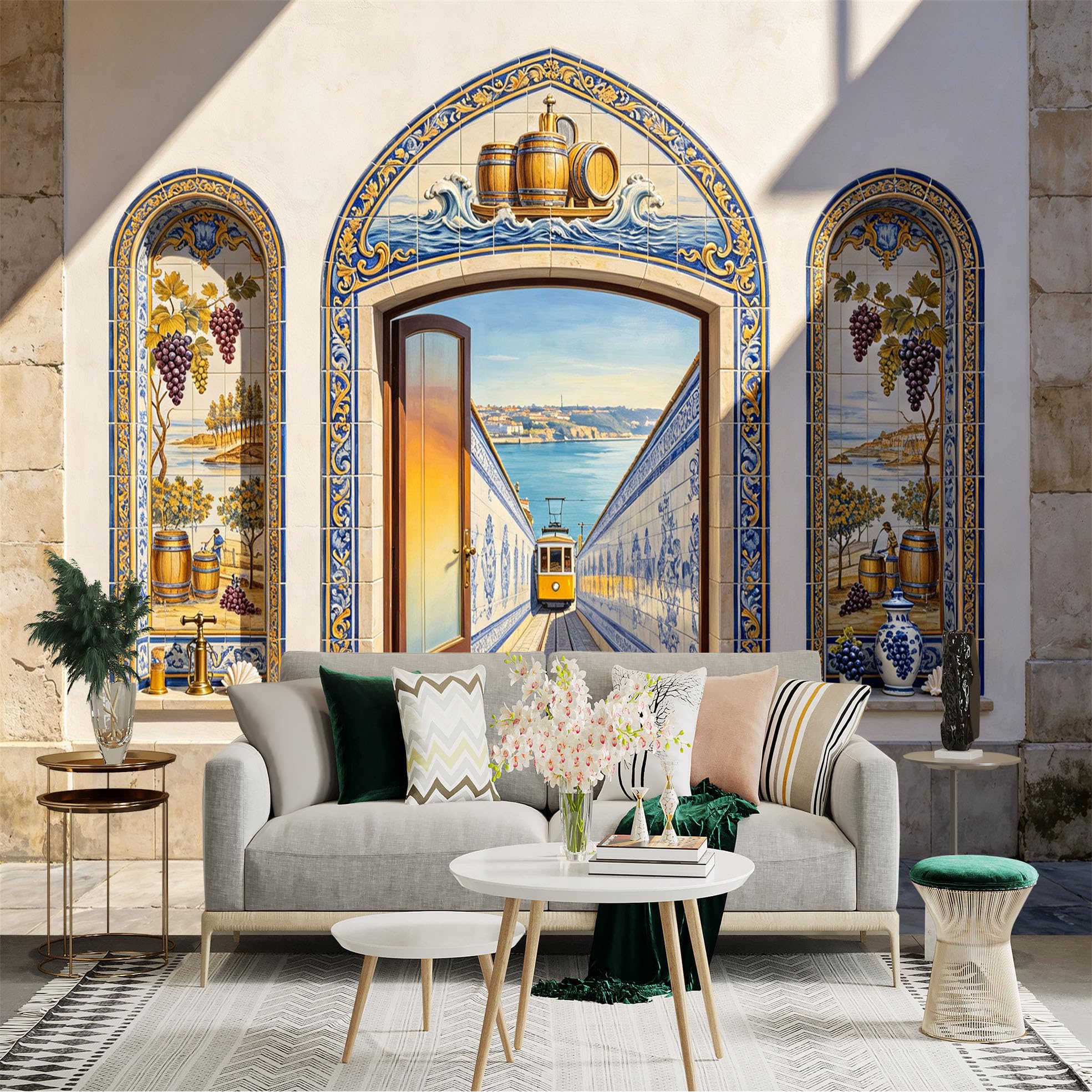 Custom Size Wall Sticker Mural， Mediterranean Tile Archway， Coastal Tram View， Blue Ceramic Wall Art， for wall Decoration， peelandstick wall Decals.