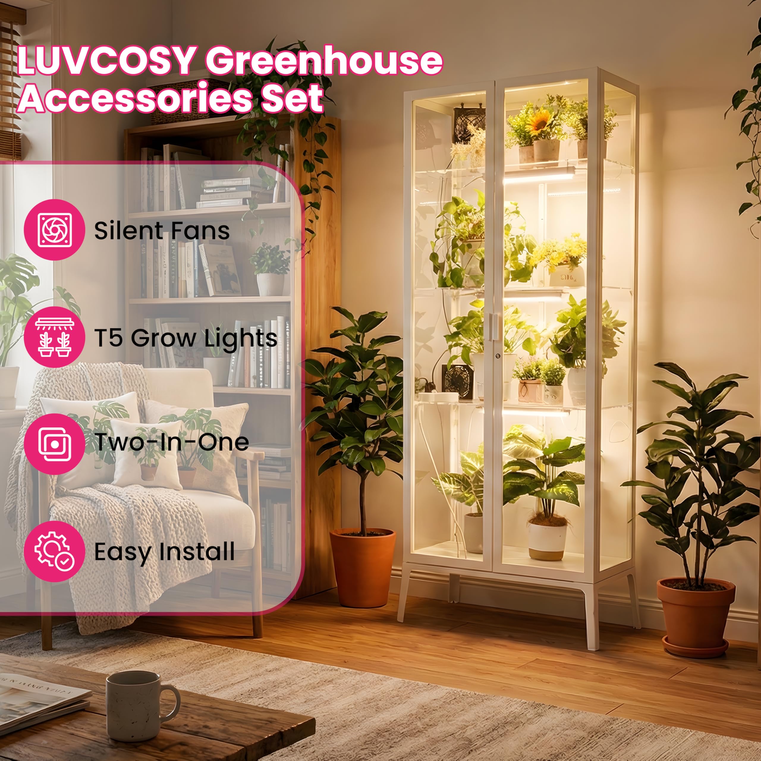 Lot de 4 bandes lumineuses T5 + 2 ventilateurs USB pour plantes d'intérieur, ensemble d'accessoires LUVCOSY pour serre d'intérieur IKEA, lampe de culture à spectre complet et ventilateur de