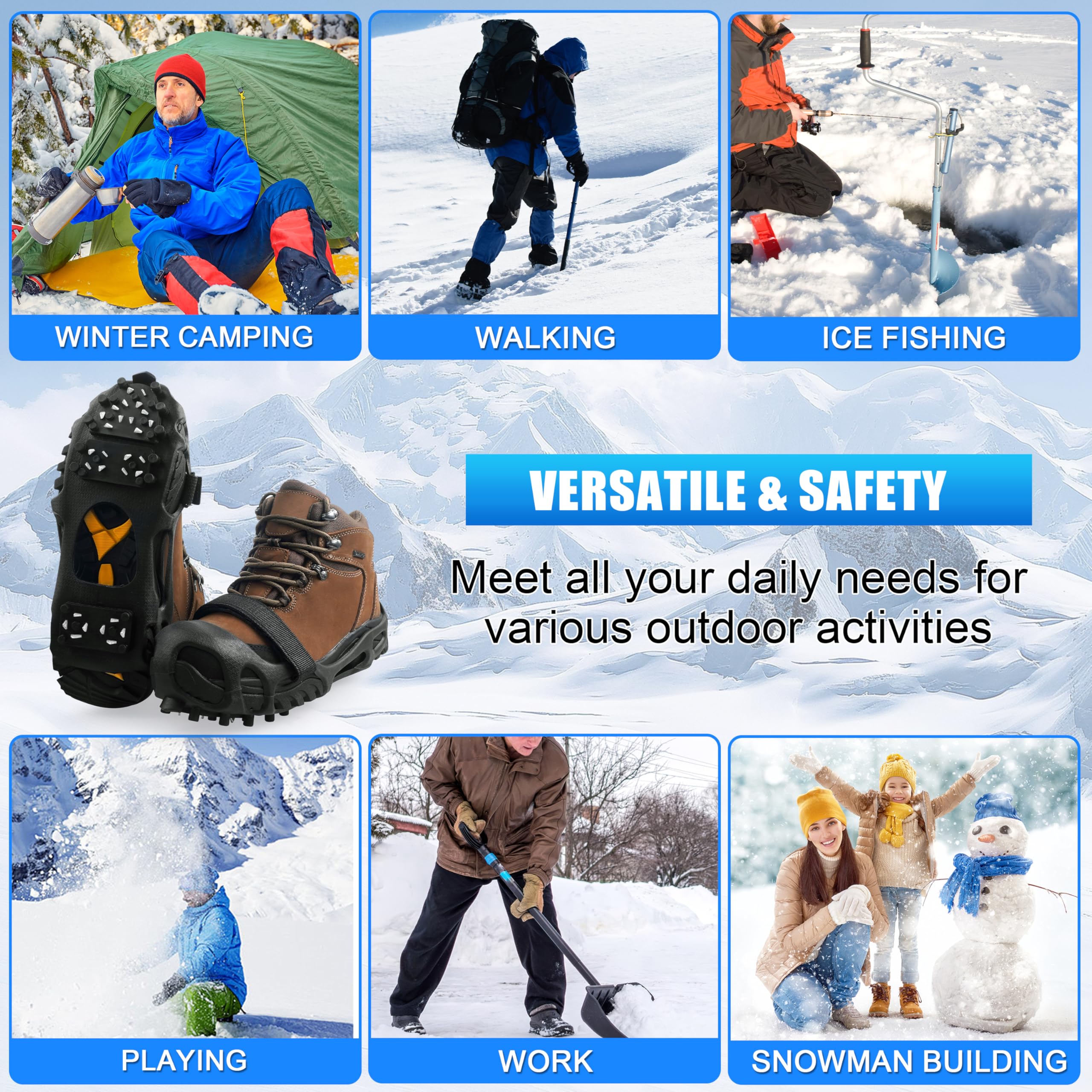 Tacchetti da ghiaccio per scarpe e stivali, antiscivolo, 28 tacchetti da neve, ramponi per donne e uomini, tacchetti da ghiaccio e neve con cinghie regolabili, per escursioni invernali, passeggiate