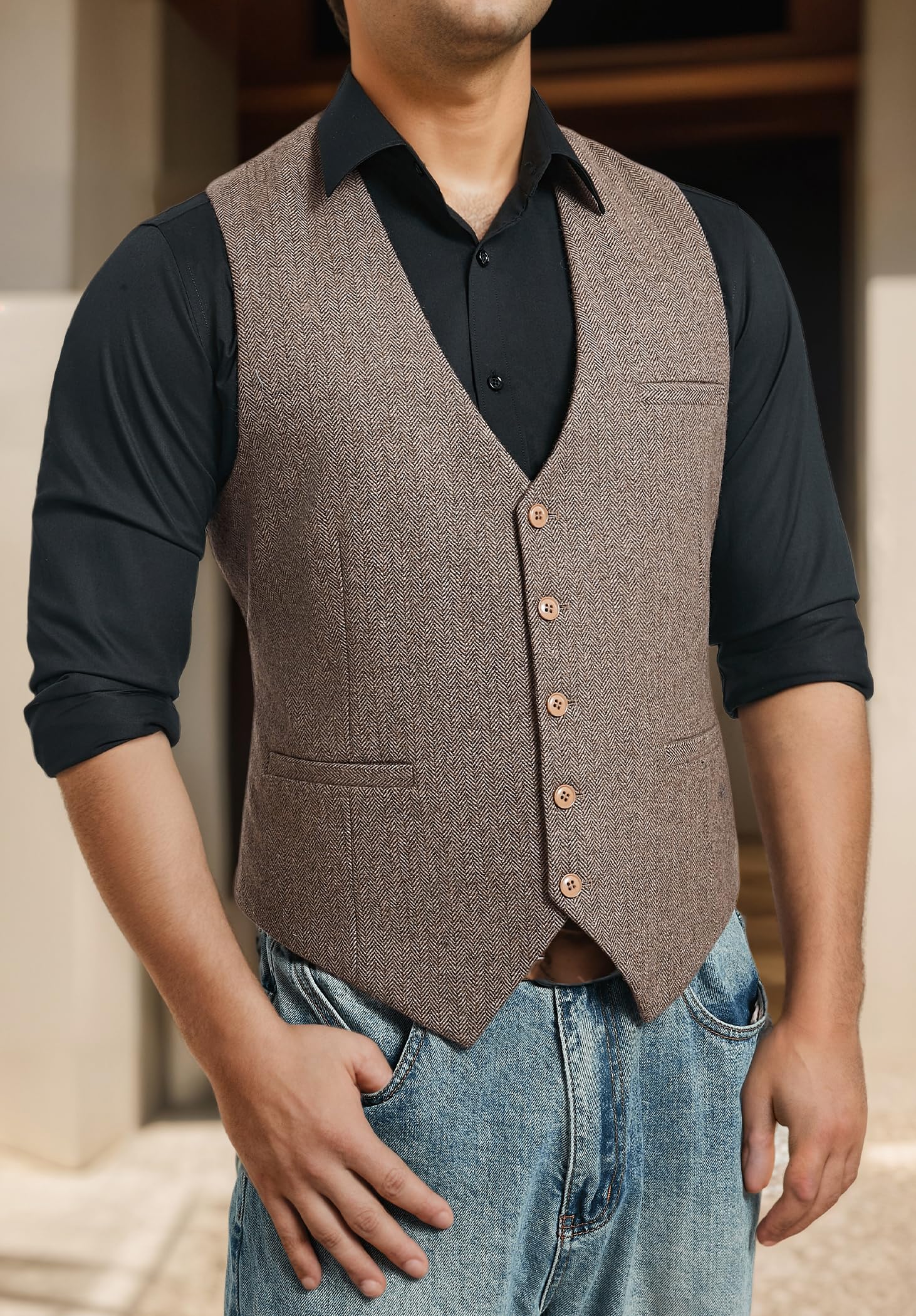 HISDERN Hommes Formelle Tweed Gilets Mariage Laine Gilet Chevron Gilets Sans Manche Casual de Fete Robe Costume Gilet pour Homme