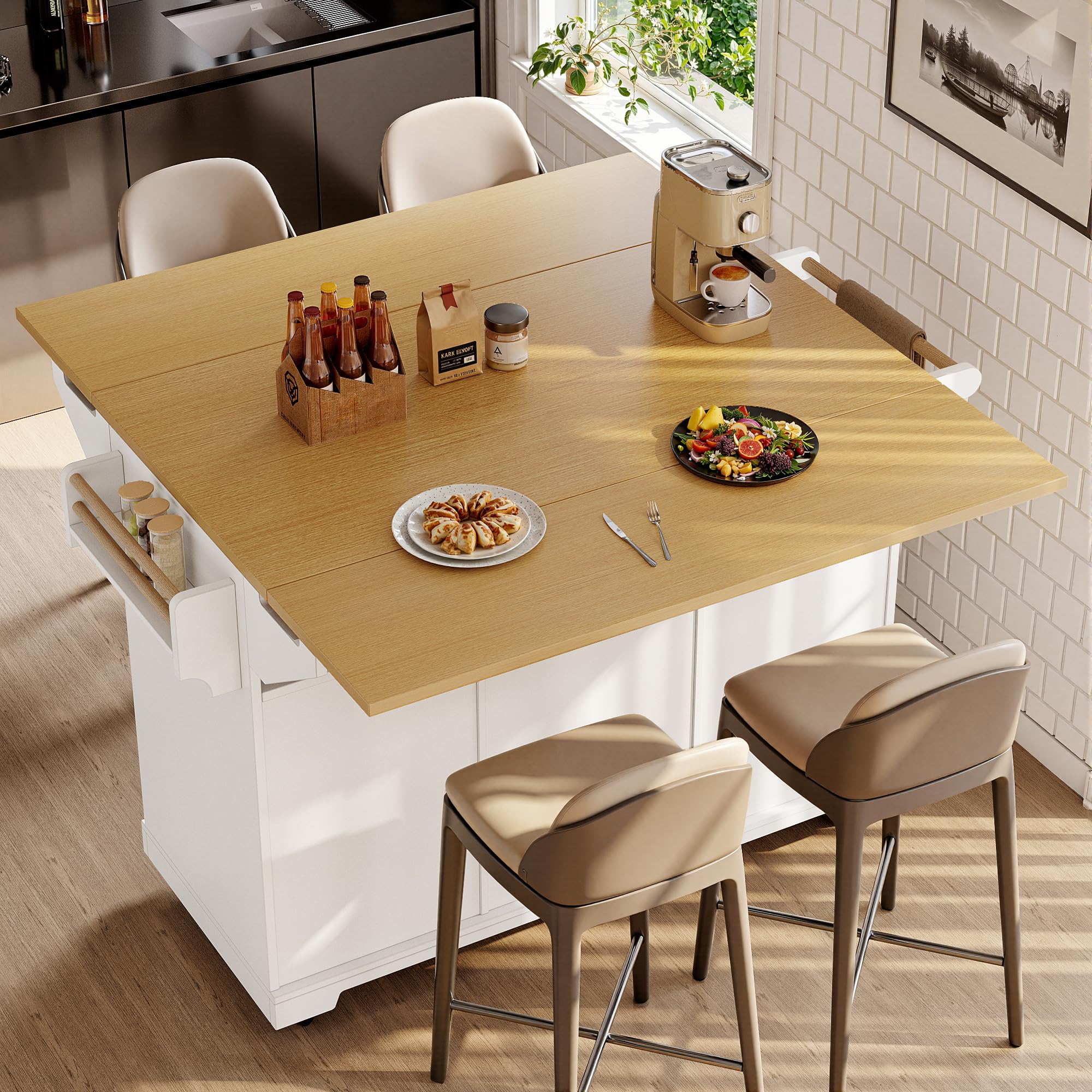 Sapgaks Îlot de Cuisine,Meuble,Buffet 120 x 40 (80) x 95 cm,Chariot de Cuisine Extensible à roulettes, Extensible des Deux côtés, avec Porte-Serviettes et étagère à épices,Trois tiroirs,(Blanc-4)