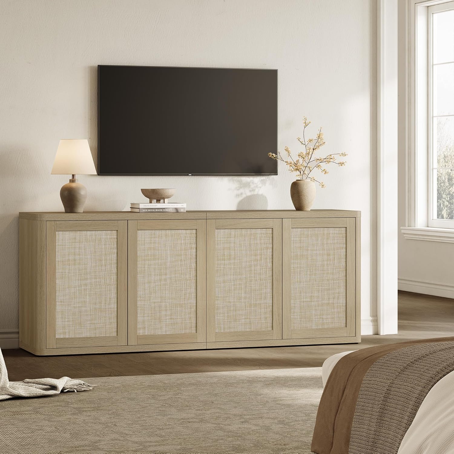 SICOTAS Rattan TV Stand for 65 70 inch TV - Large Entertainment Center TV Consoles for Living Room Bedroom, Farmhouse Television Stands with Storage Cabinet Boho Modular Media Console, Sand Oak