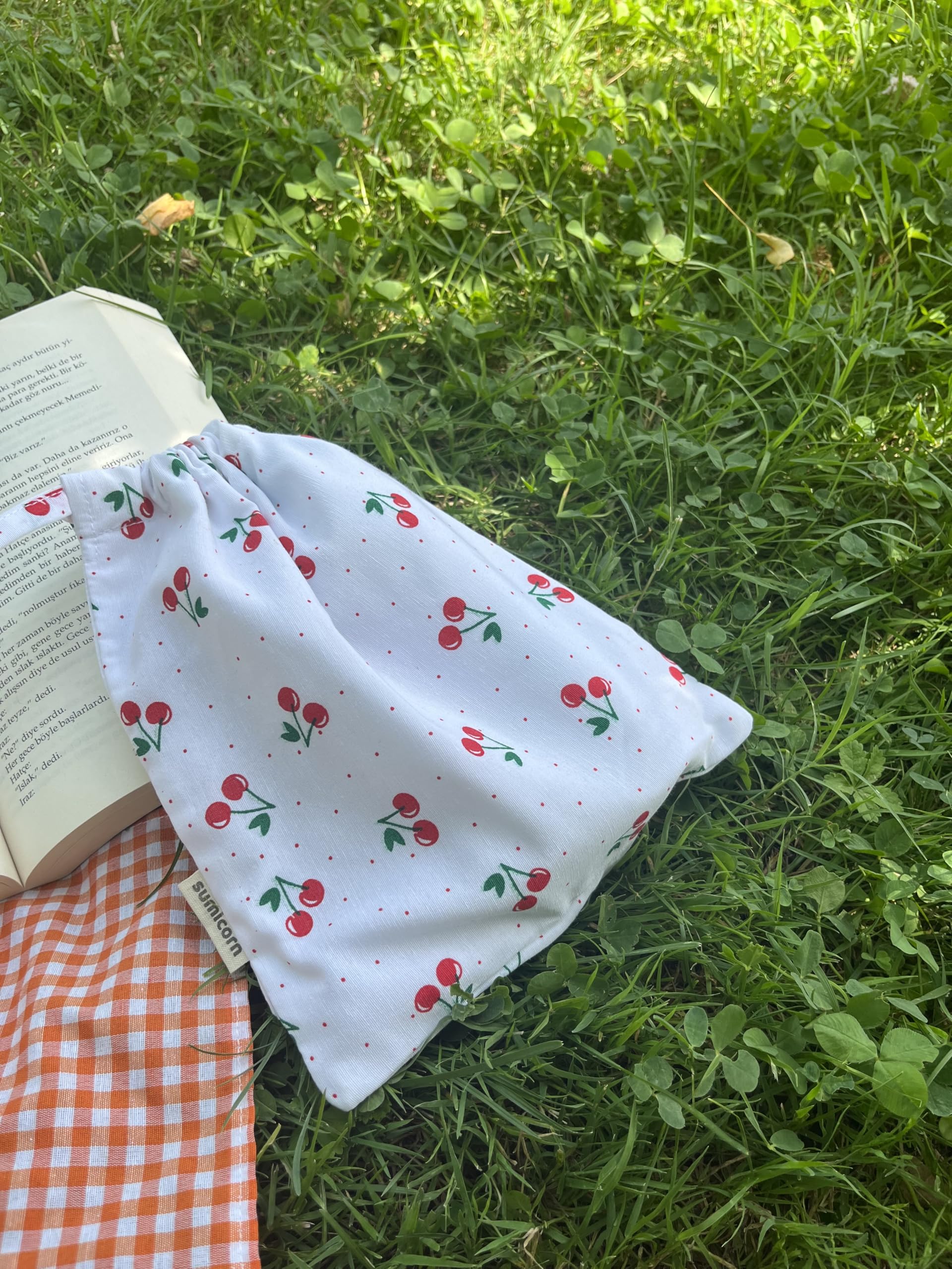 Kiraz Desenli Çevre Dostu Bez Kese,Keten Büzgülü İpli Düzenleyici Kese,Hediye Kesesi,Makyaj Çantası