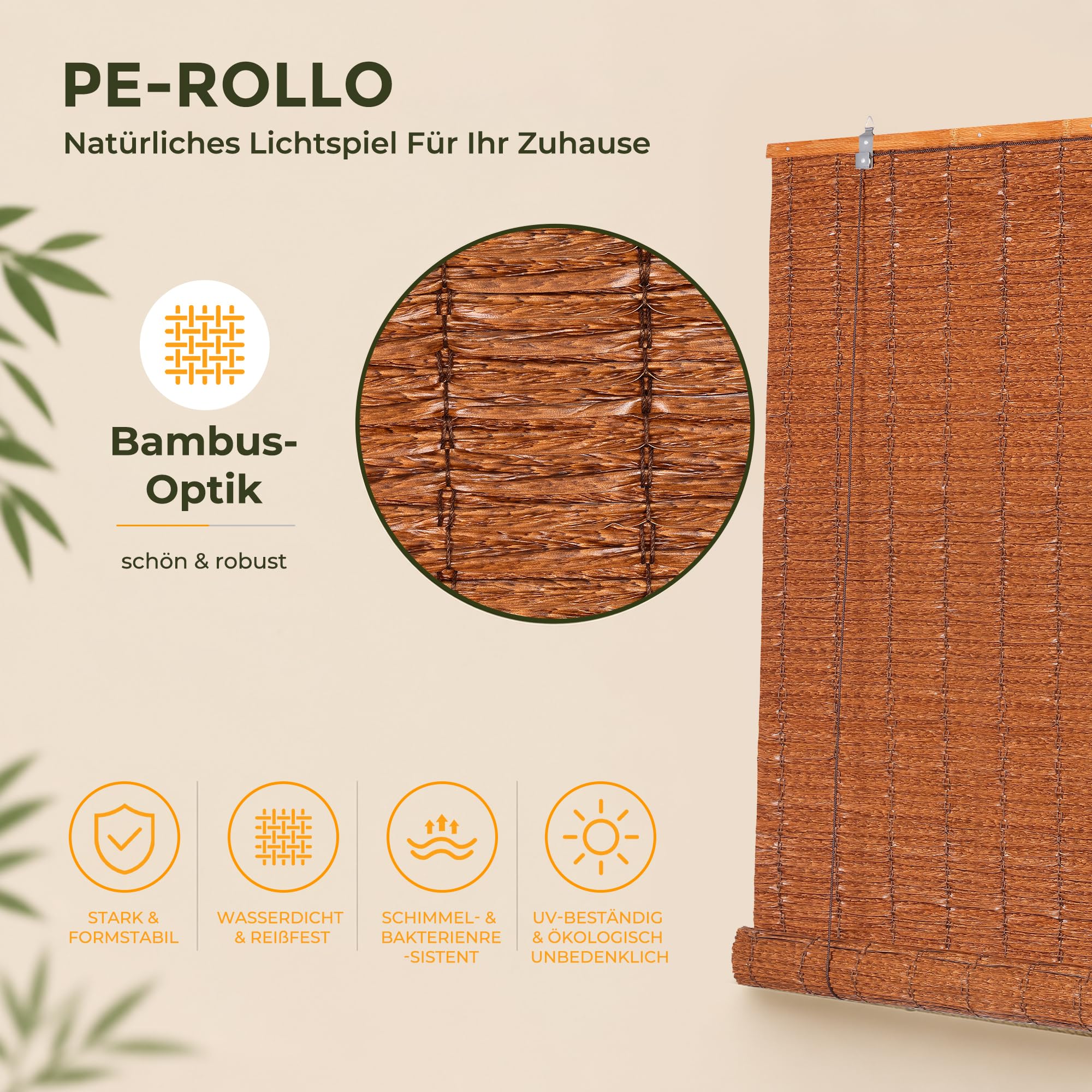 HOMEDEMO PE Tenda a rullo per Interni e Esterni, effetto bambù, Impermeabile, Protezione UV e Privacy, Tende Oscurante per Balconi e Terrazze, veneziane di Ventilazione, Marrone Scuro, 140x220cm