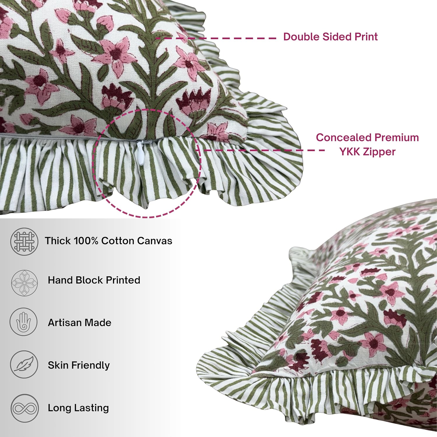 ATOSII Hand Block Printed 100% Cotton Ruffle Throw Pillow Covers, SET OF 2, Decorative Cushion Covers for Sofa, Couch, Bed, Living Room, Bedroom Home Decor for Spring Summer, 18 X 18 Inch, Nargis Pink