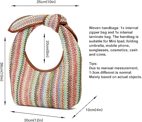 Miniatura 3 de Queenoris Bolsa de paja de verano para mujer, bolso de hombro tejido retro con asa superior, bolsas de ratán, bolsas de viaje para la playa, bolsa
