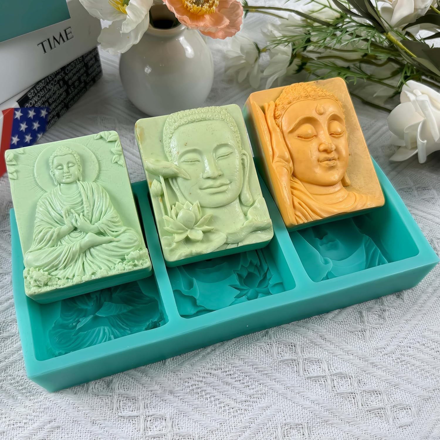 3 Cavity Buddha Silicone Soap Mold - 3D Buddha & Lotus Soap Making Mold for Homemade Soap, Candles & Crafts - Non-Stick Reusable Silicone Craft Mold