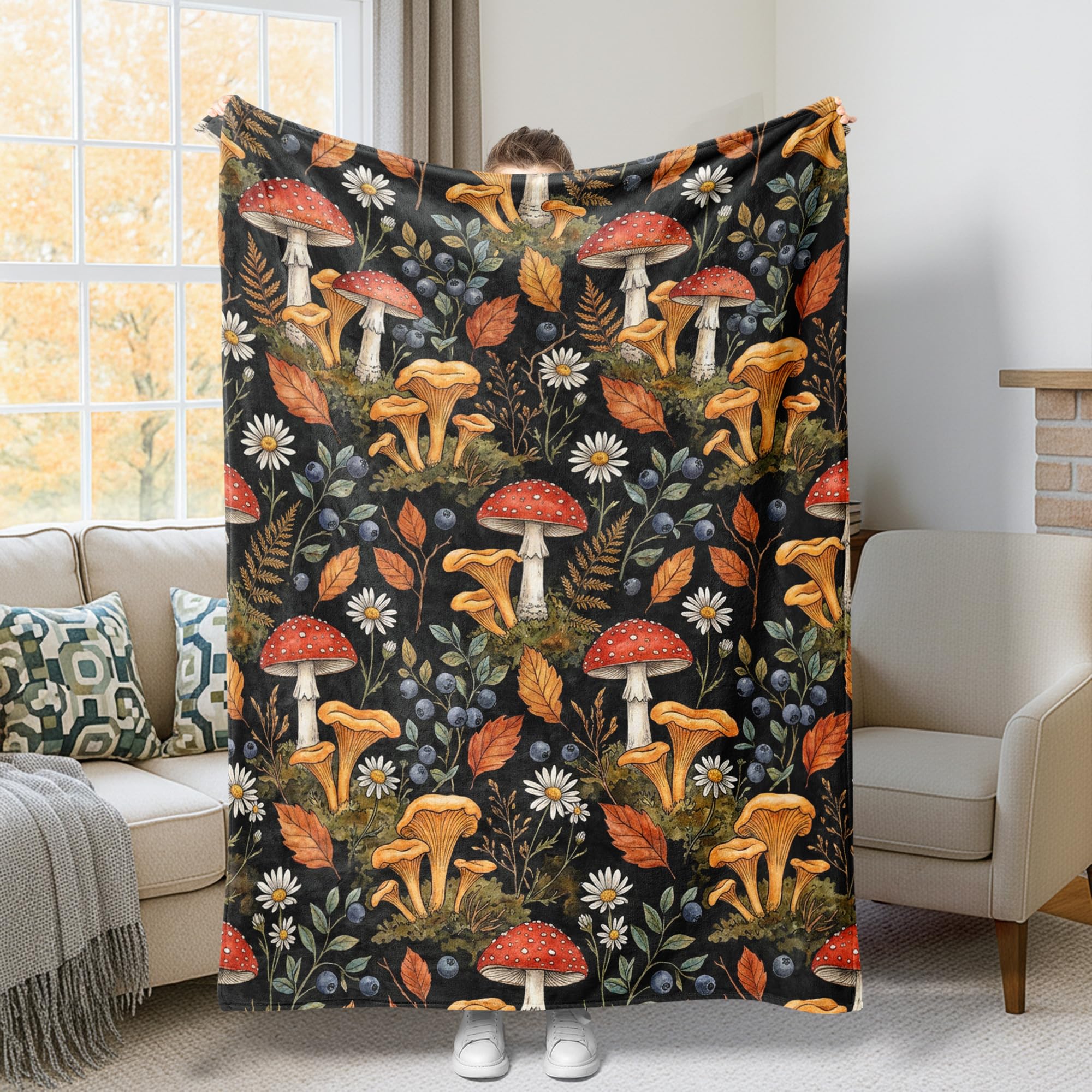 Plaid automne champignon et feuilles pour réchauffer votre canapé ou votre lit en douceur