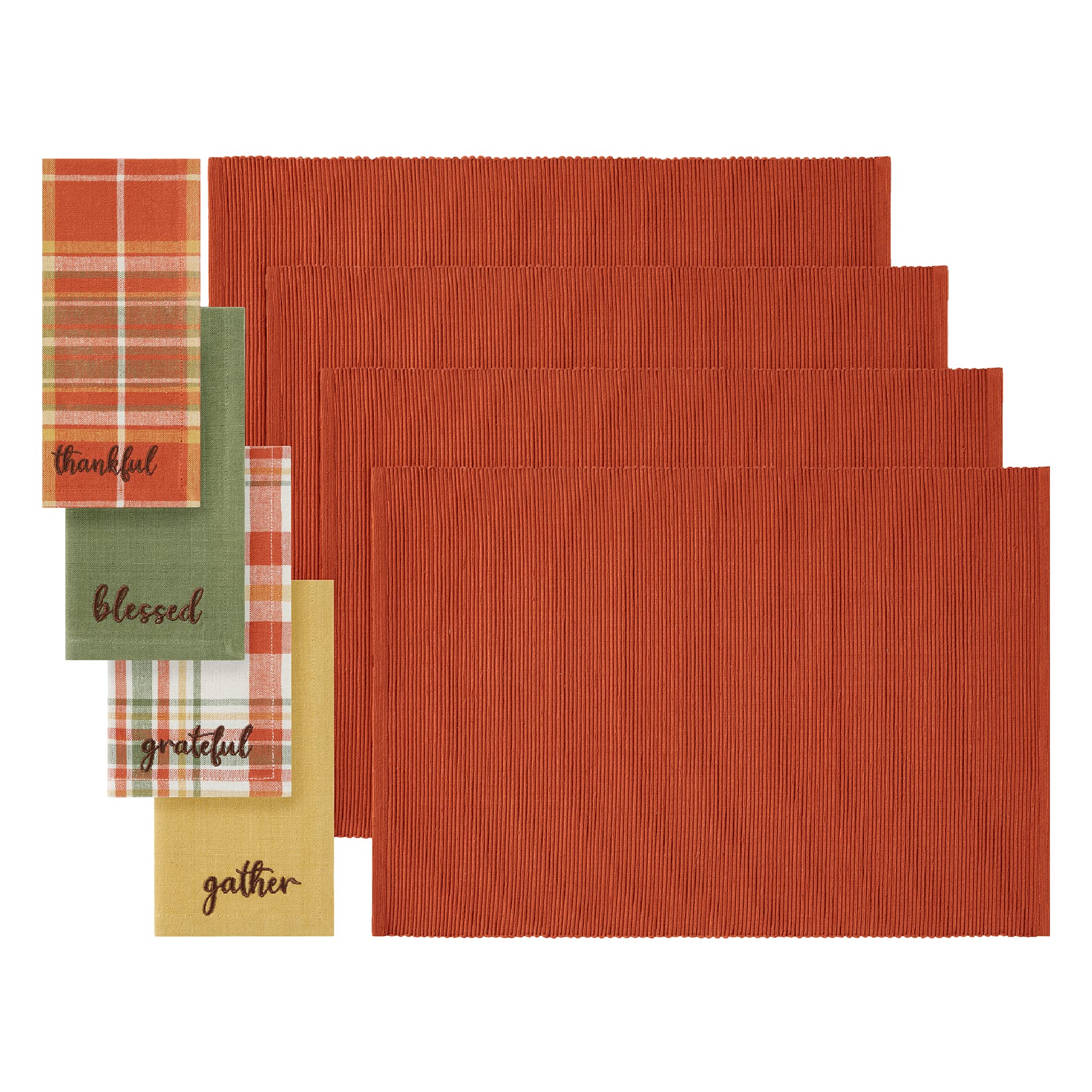 Elrene Home Fashions Harvest Sentiments Value Set, 4 Cloth Napkins and 4 Ribbed Placemats, Large, Multicolor, 8 Pieces