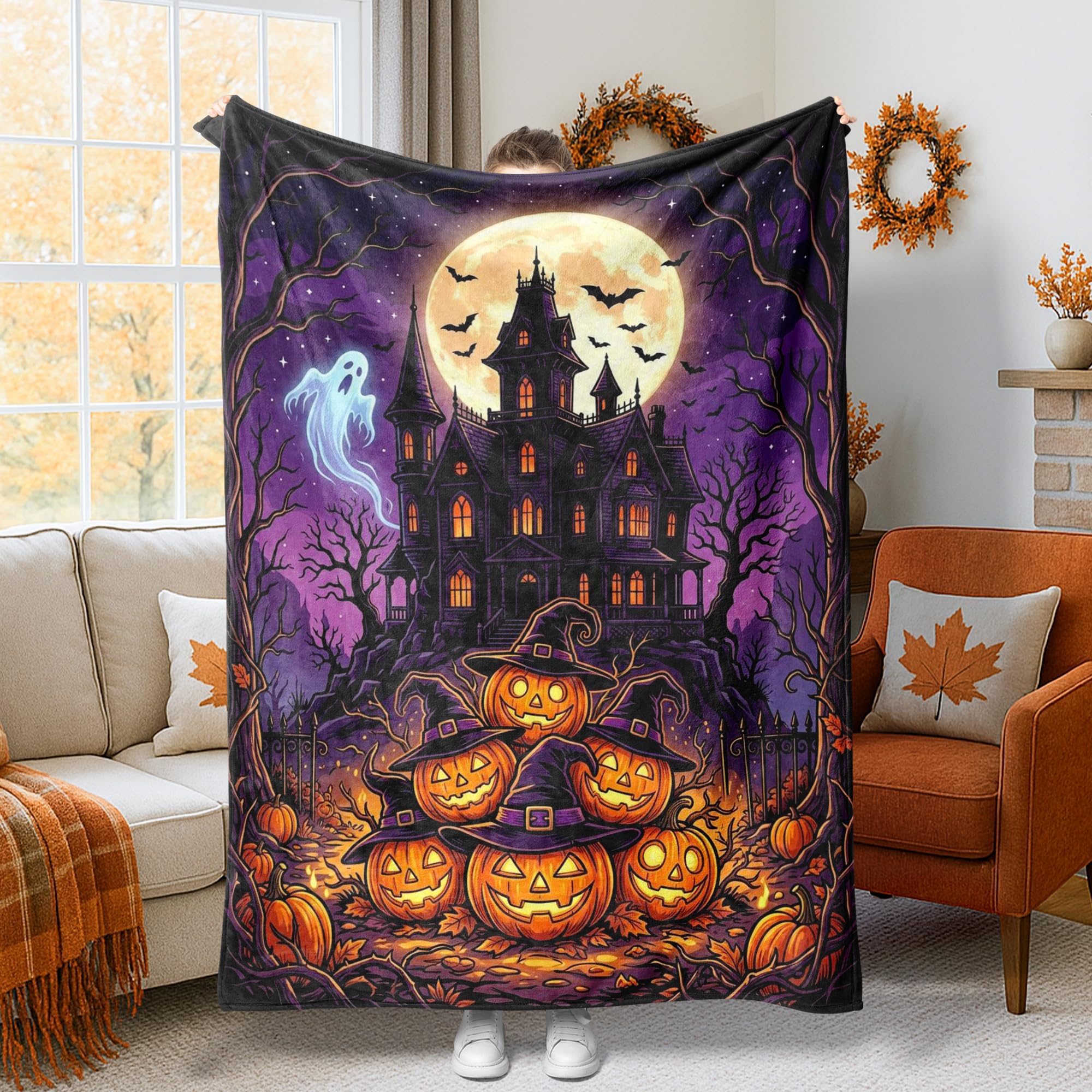 Jeté de lit en polaire doux motif citrouilles et fantômes