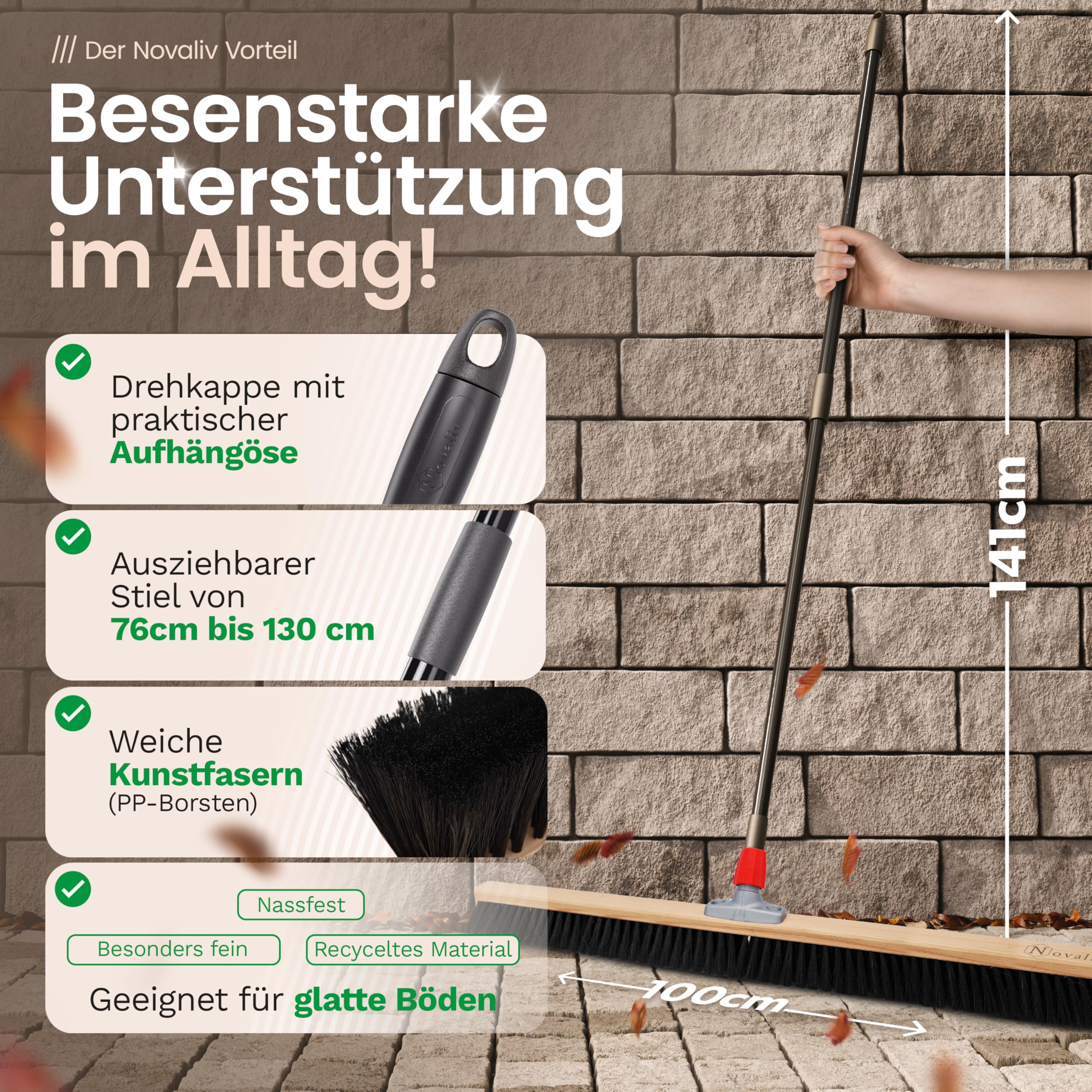 Novaliv Grosser Besen 2X Saalbesen 100 cm mit Teleskopstiel Borsten Kunstborsten Besen fein Werkstattbesen mit Stiel Hallenbesen Industriebesen Hausbesen Kehrbesen Zimmerbesen Haarbesen Besen Groß