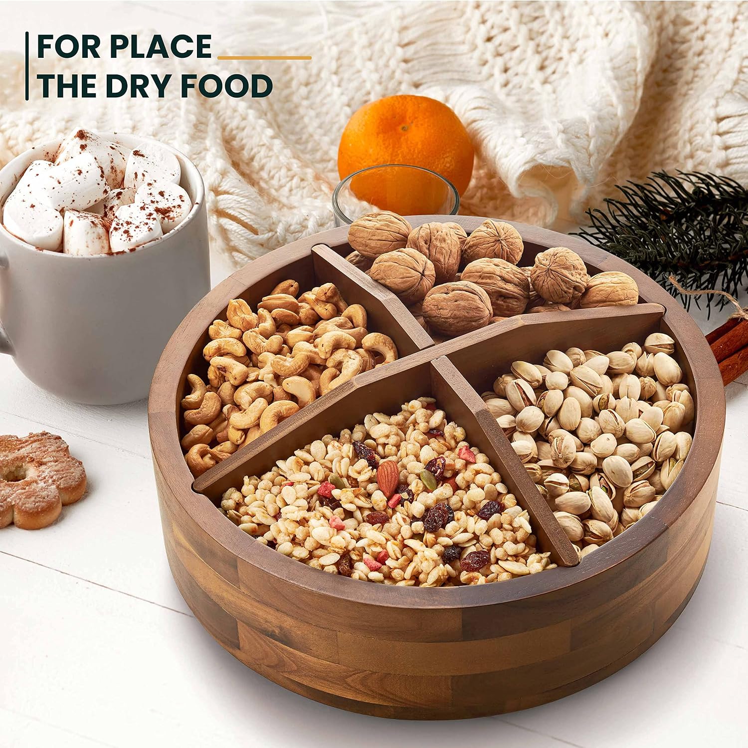 TIDITA 12" Wooden Lazy Susan Organizer with 4 Dividers, High Rim, Rotate