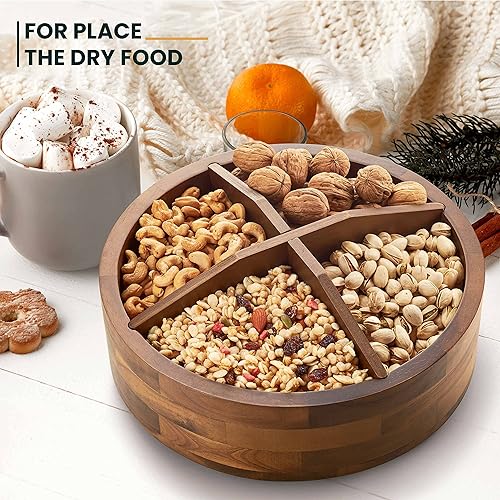 Miniatura 8 de Organizador Lazy Susan de madera de acacia de 12 pulgadas con 4 divisores, plato giratorio de madera para mesa, encimera, bandeja de almacenamiento