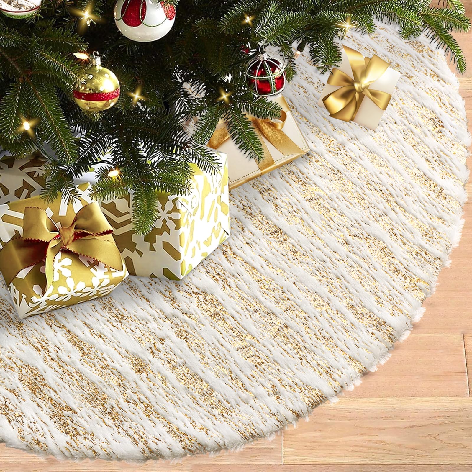 Dremisland Jupe de sapin de Noël blanche et dorée en fausse fourrure avec rayures à paillettes - Jupe de sapin en peluche douce pour décoration de sapin de Noël, fête d'hiver, vacances (doré, 122 cm)