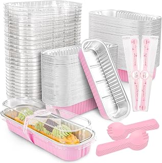 100 Pack Mini Cake Pans with Lids and Spoons Rectangular Aluminum Foil Baking Pans Mini Cheesecake Containers(6.8oz)
