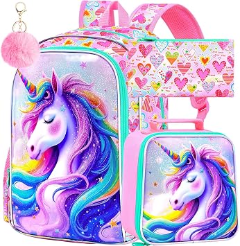 CCJPX 3Pcs Unicorn Backpack, 16 Kids Girls Bookbag with Lunch Box, Water Resistant Elementary School Bag for Kindergarten Preschool Toddler Pink