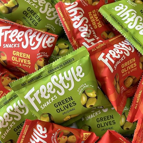 Miniatura 8 de Freestyle Snacks Paquetes de aperitivos de oliva  Una porción  Aceitunas verdes frescas deshuesadas, tamaño gigante, cultivadas en Grecia,