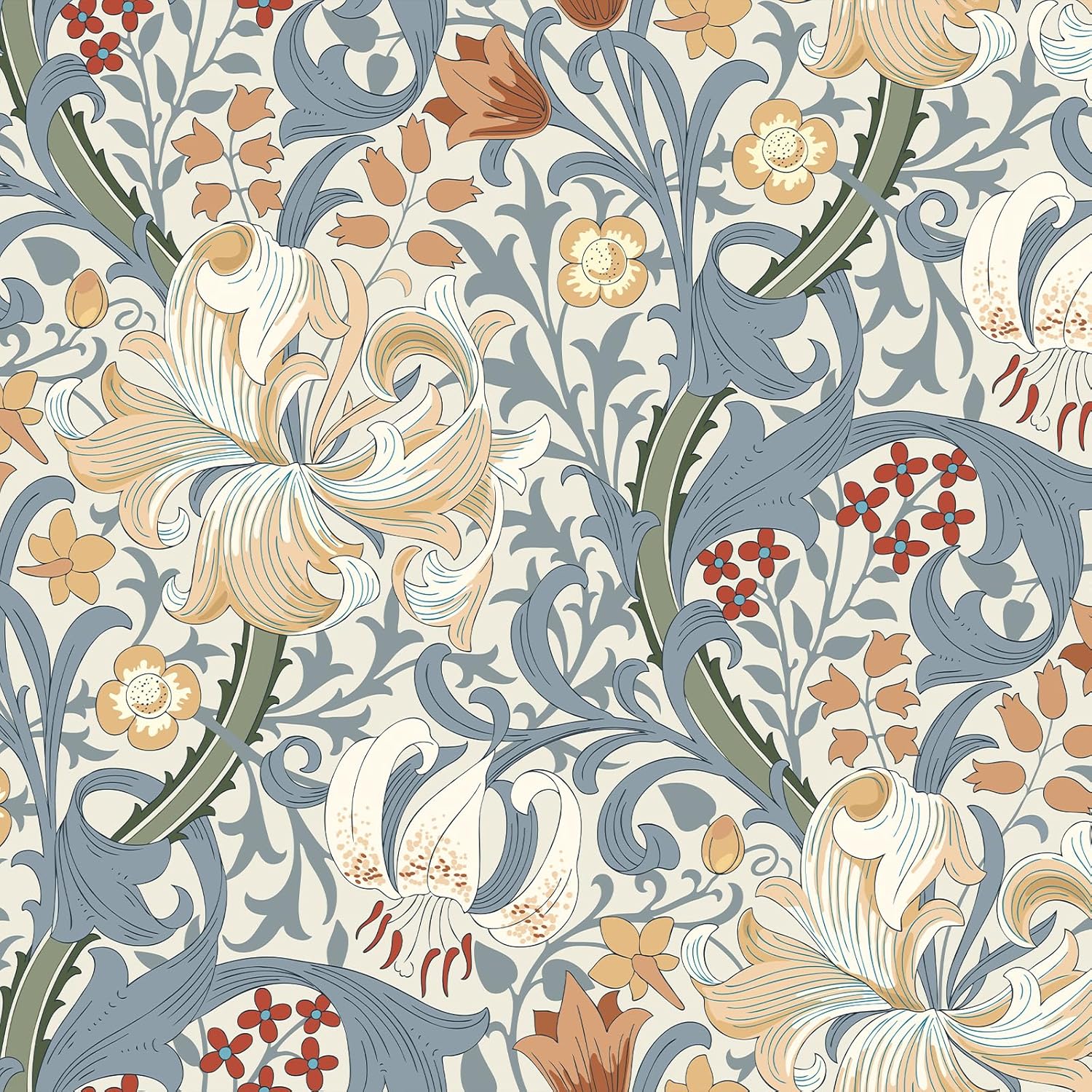 VEELIKE Vintage William Morris Wallpaper Peel and Stick Golden Lily Floral Wallpaper for Bedroom Accent Wall 17.7''x118'' Self Adhesive Floral Contact Paper Removable Morris Wall Paper for Home Decor