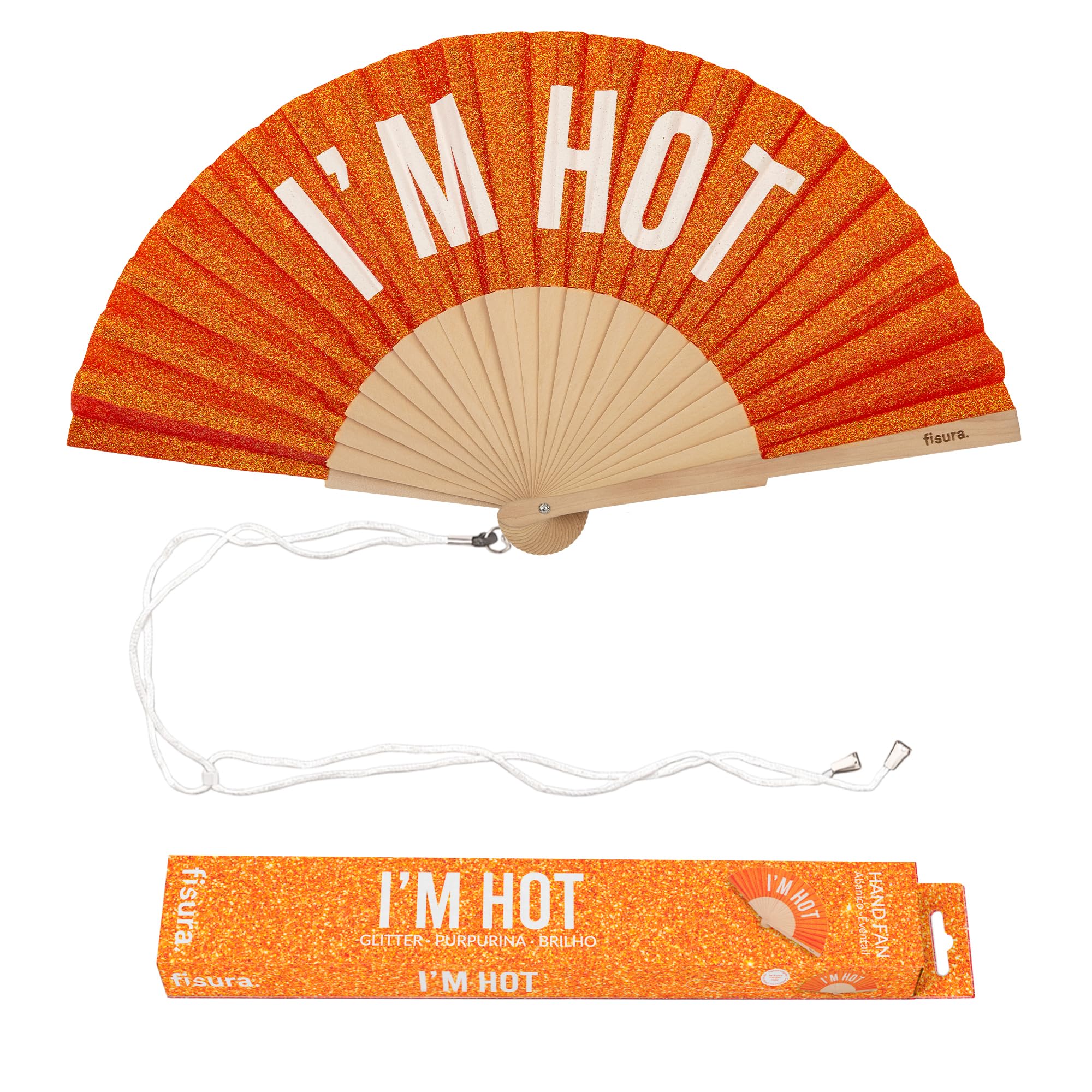 Fisura – Original “I’m Hot” Folding Fan, Modern and Colourful Handheld Fan, Orange Glitter Design for Wedding, Rave, Festival - Includes Strap. Size: 42.5 x 23 cm