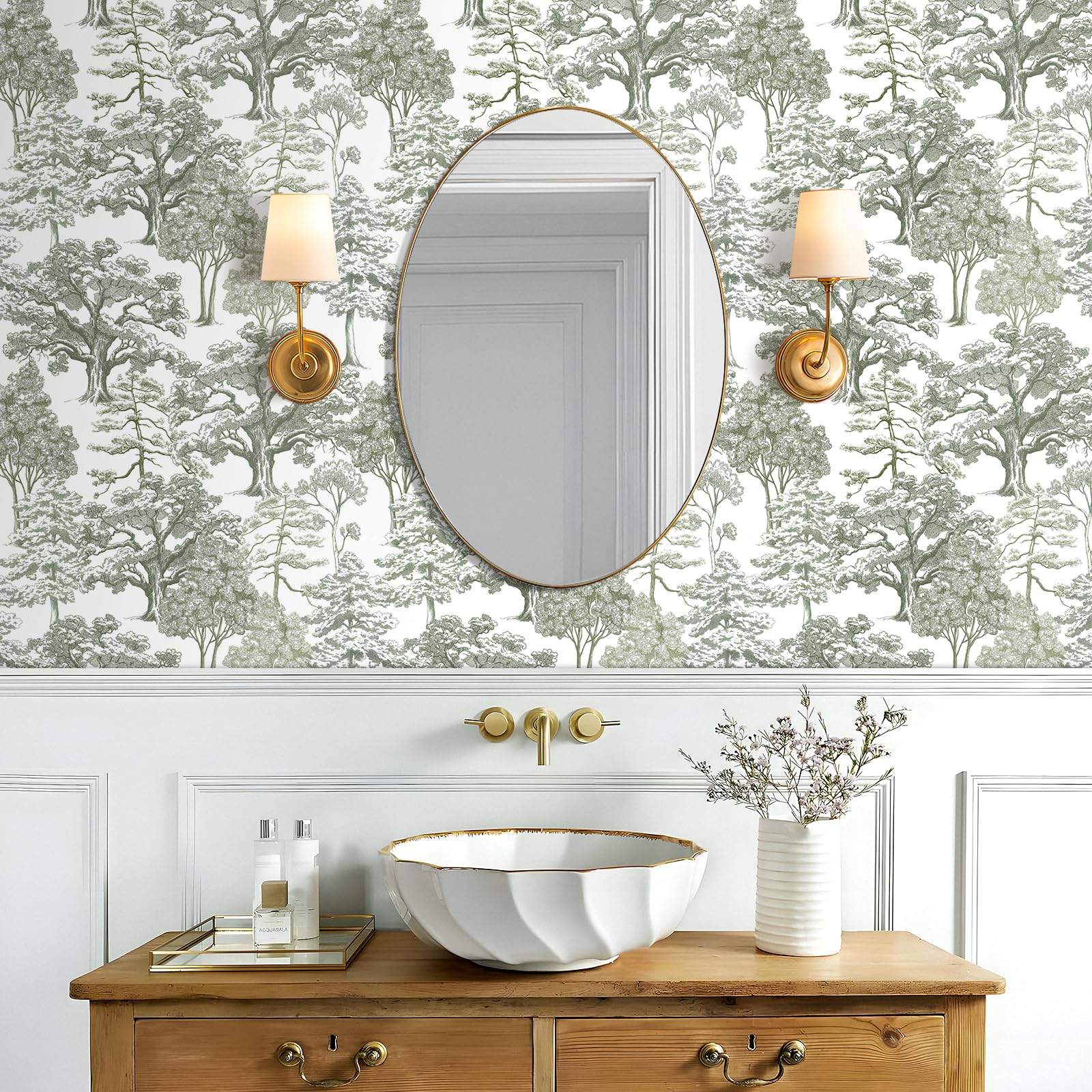 Livelynine Carta da Parati Toile de Jouy Verde Grigio Chiaro 44.5CMx7M Carta Adesiva per Pareti disegni Fantasia Bosco Alberi Grigio Bianco Rivestimento Adesivo per Mobili Fantasia Foresta Piante