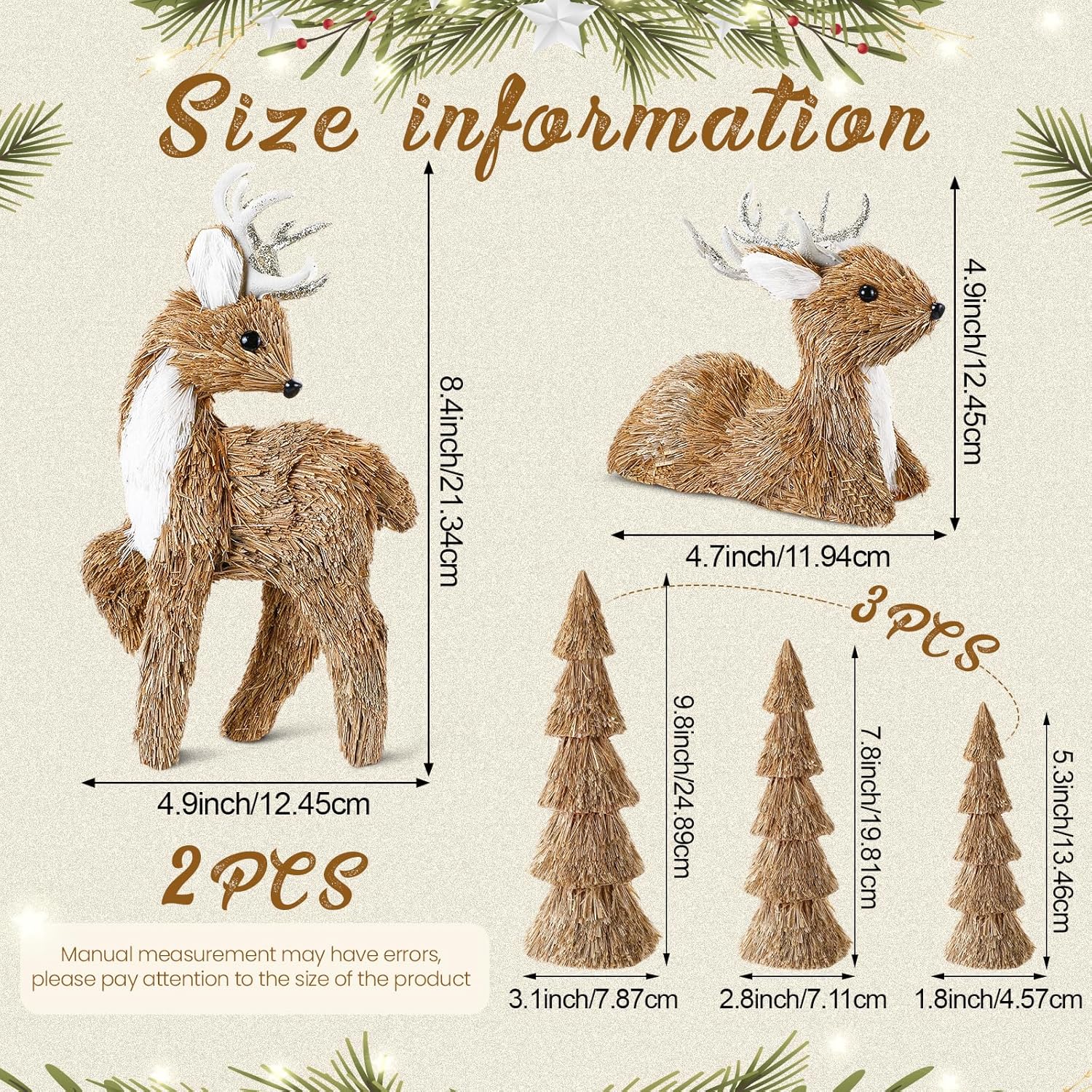 Sosation 5 Pcs Christmas Sisal Reindeer Tree Centerpieces Table Fireplace Decor Christmas Deer Figurines Rustic Woodland Farmhouse Animals Statues for Xmas Indoor Gift Tabletop Home Mantle Decoration