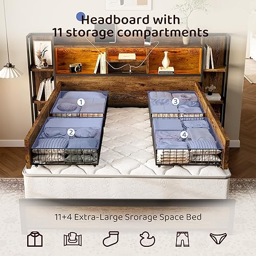 Miniatura 3 de Base de cama tamaño Queen con 4 cajones de almacenamiento y cabecero con almacenamiento de estantes, marco de cama de plataforma de madera con luces