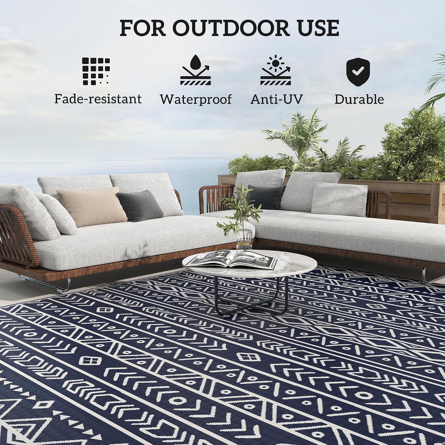 Outsunny Outdoor Rug for Patio, 8' x 10' Waterproof Large Mat, Reversible Plastic Straw Rug for Decor, Portable Outside RV Camping Area Carpet Mat for Backyard Porch Deck Picnic, Blue White Geometric