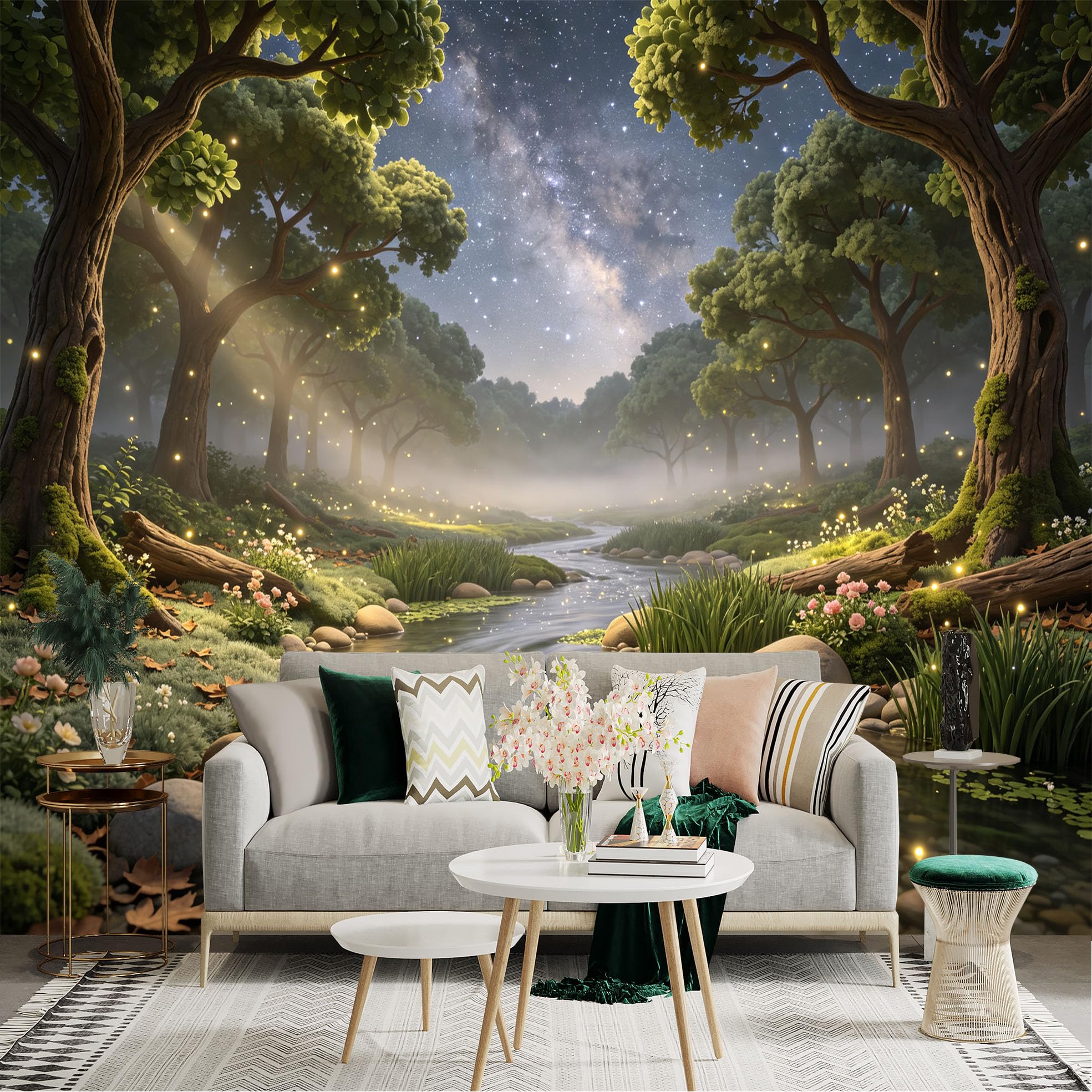 Lnzczhyre Bh260719053 Custom Size Wall Sticker Mural， Enchanted Forest With Flowing Creek， Misty Woodland Landscape， Glowing Fireflies And Milky Way， For Wall Decoration， Peelandstick Wall Decals.