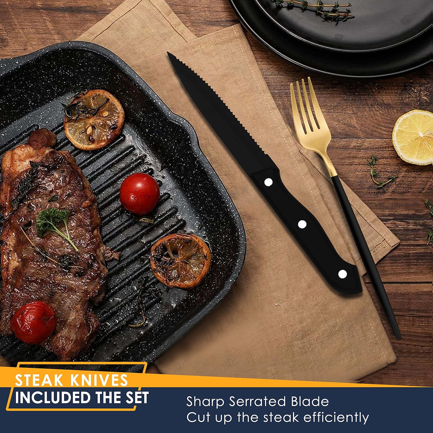 Stapava 48-Piece Matte Black Gold Silverware Set with Steak Knives, Stainless Steel Flatware Set for 8, Satin Finish Tableware Cutlery, Utensil Sets for Home Restaurant Hotel, Dishwasher Safe