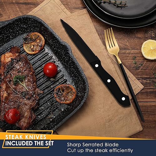 Miniatura 19 de Stapava Juego de cubiertos negros mate de 24 piezas con cuchillos para carne, cubiertos de acero inoxidable para 4, juegos de utensilios