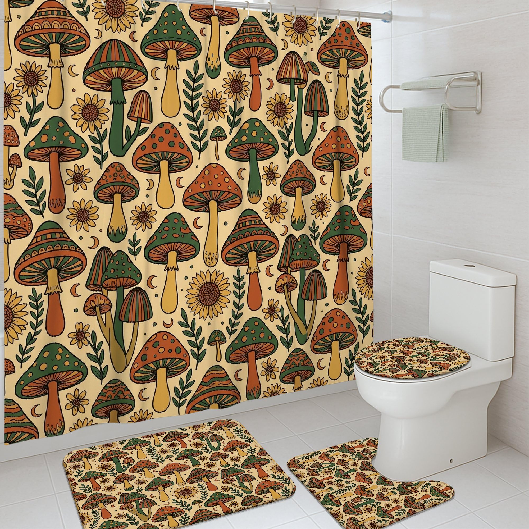 Rideau de douche champignons bohème en polyester imperméable avec tapis de bain 183x183cm