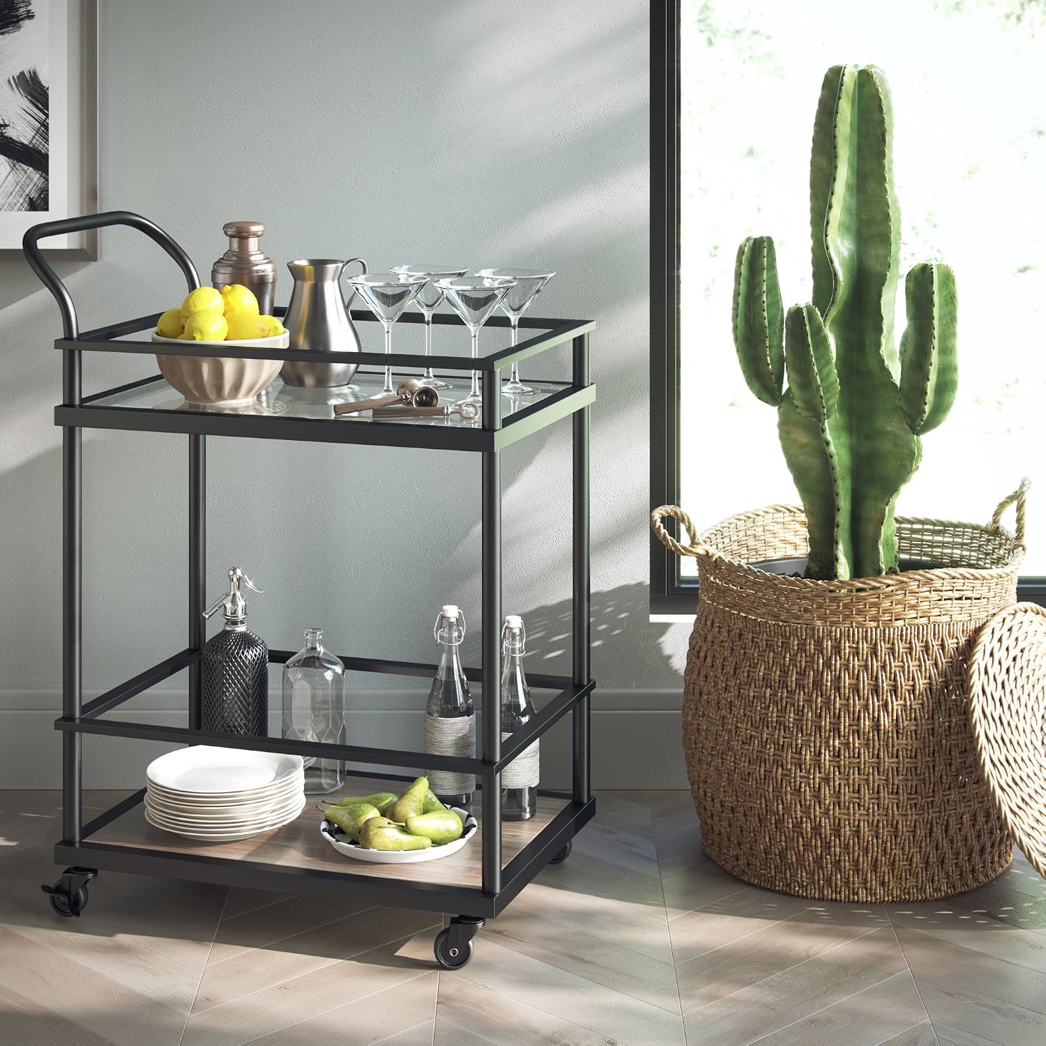 Nathan James Mid-Century Modern Two Tier Rolling Serving, Carter Metal and Glass Bar Cart, Black/Brown
