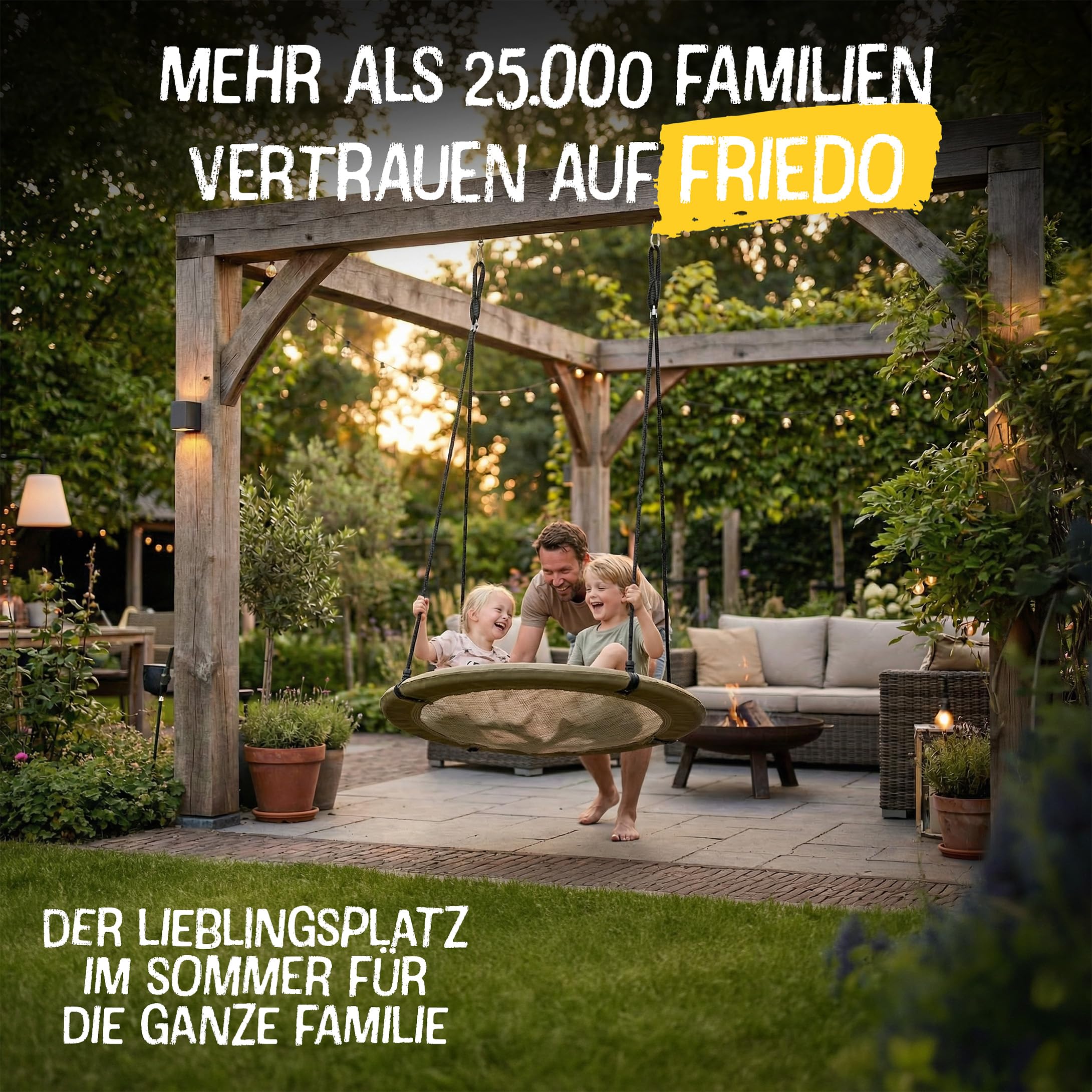 FRIEDO Nestschaukel Outdoor 90/110 cm I Netzschaukel bis 150 kg I Wasserabweisend & UV-beständiger Bezug I Höhenverstellbar I Rostfreier Stahlrahmen I Kein Ausbleichen I Korbschaukel schnell montiert