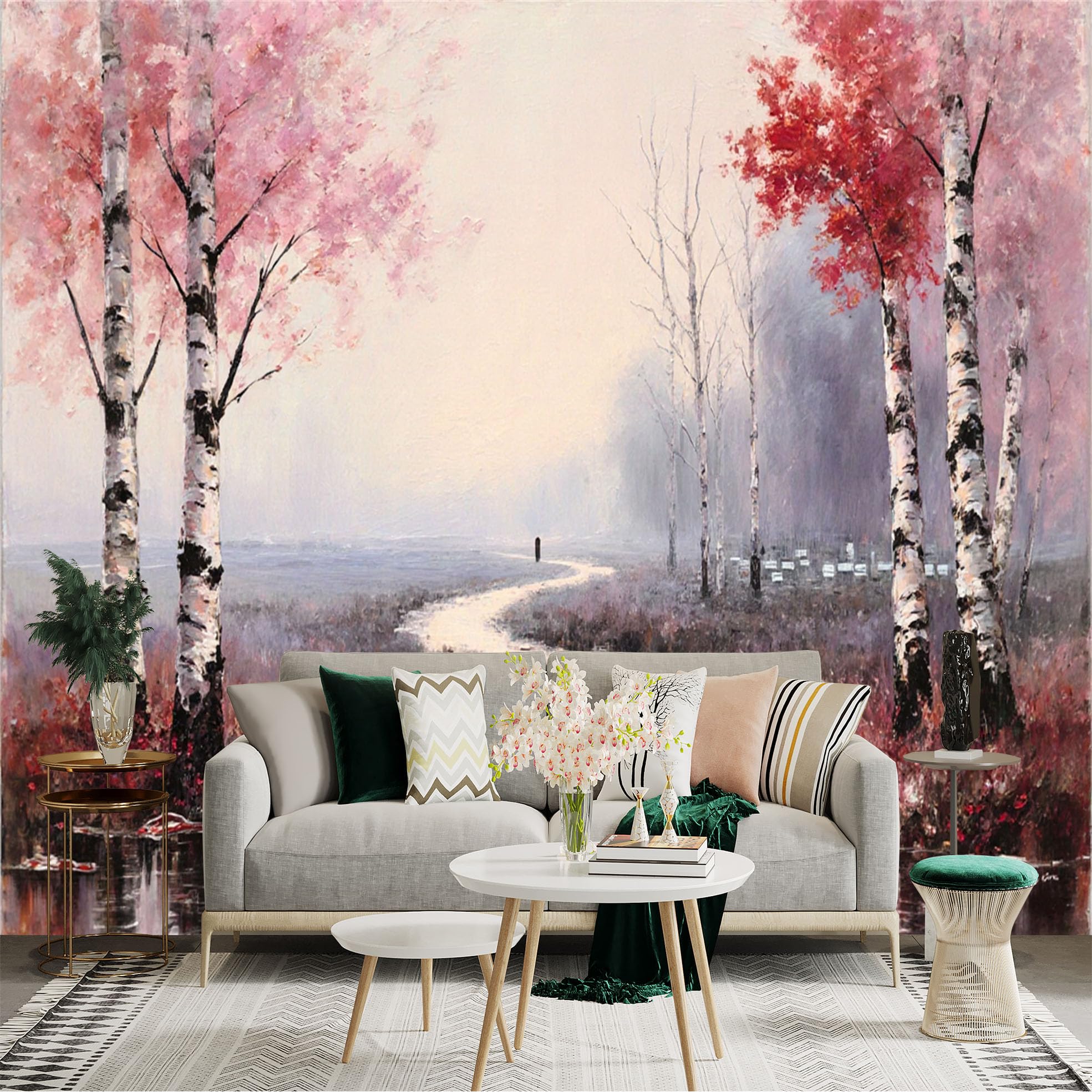 Custom Size Wall Sticker Mural， Autumn Birch Trees with Misty River and Pathway Landscape， for wall Decoration， peelandstick wall Decals.